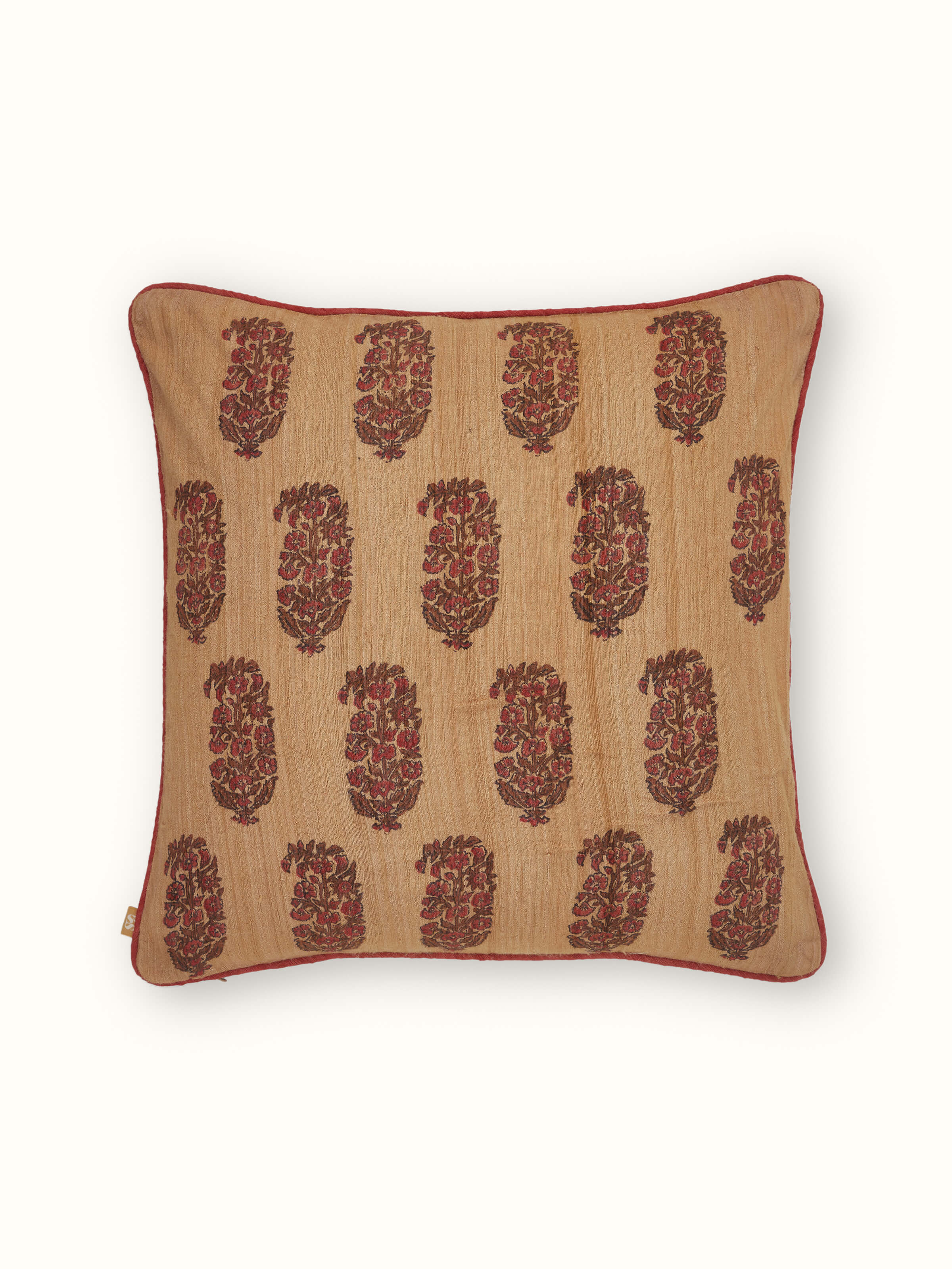 Vasudha Rust Buta Tussar Silk Bagru Hand Block Print Cushion Cover
