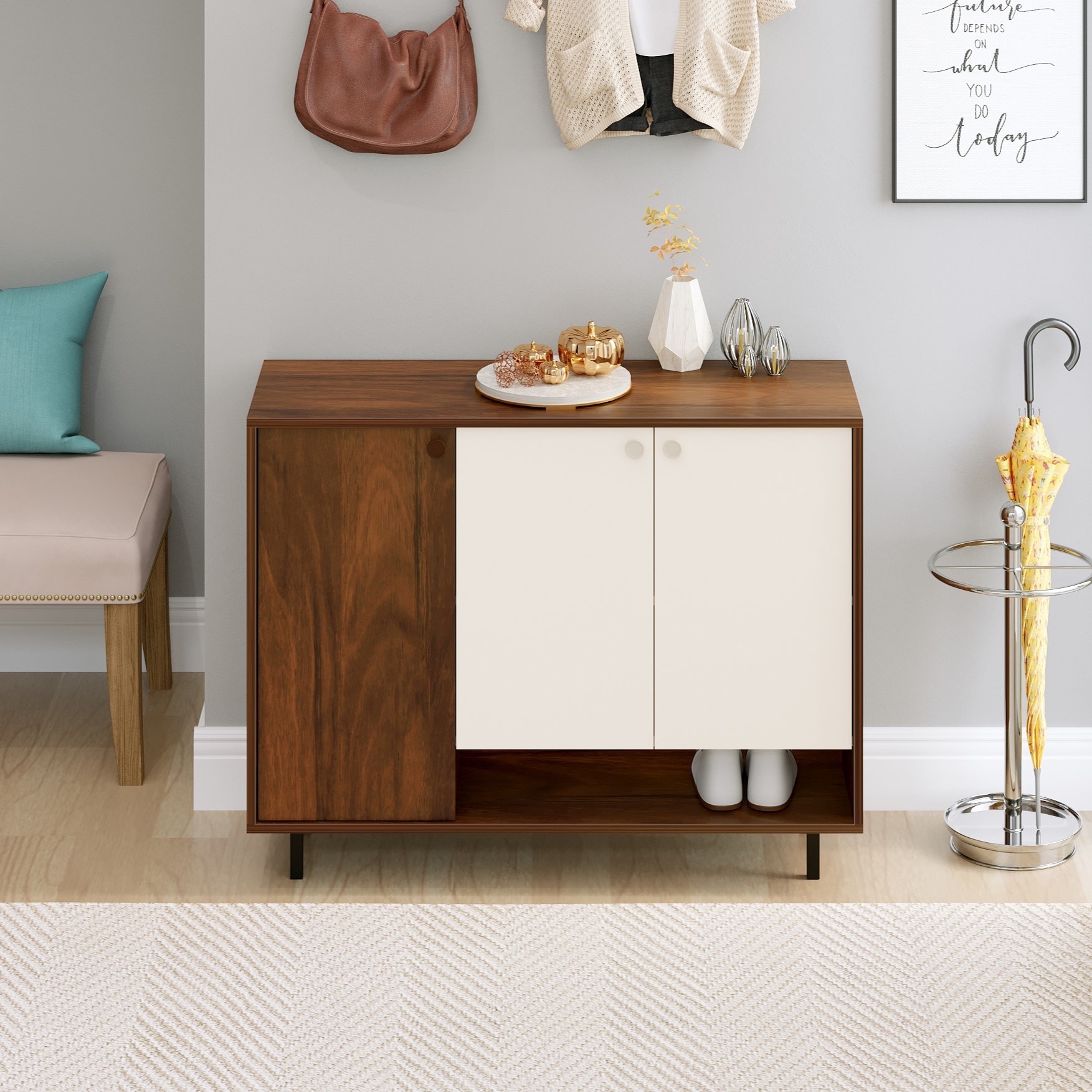 BLUEWUD Prorage Engineered Wood Dual Tone 3 Doors Shoe Rack Cabinet Slipper Footwear Stand Organizer with Additional Open Shelve, Up to 16 Pairs for Living Room Hallway Home (Brown Maple & White)