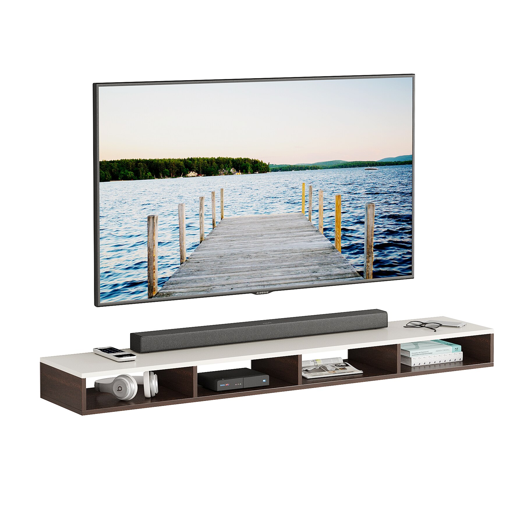 BLUEWUD Primax Solo Large Engineering Wood Wall Mount TV Entertainment Unit Set Top Box Stand/TV Cabinet Panel with Shelves for Books & D�cor Display Unit, Ideal for 55� (Wenge & White)