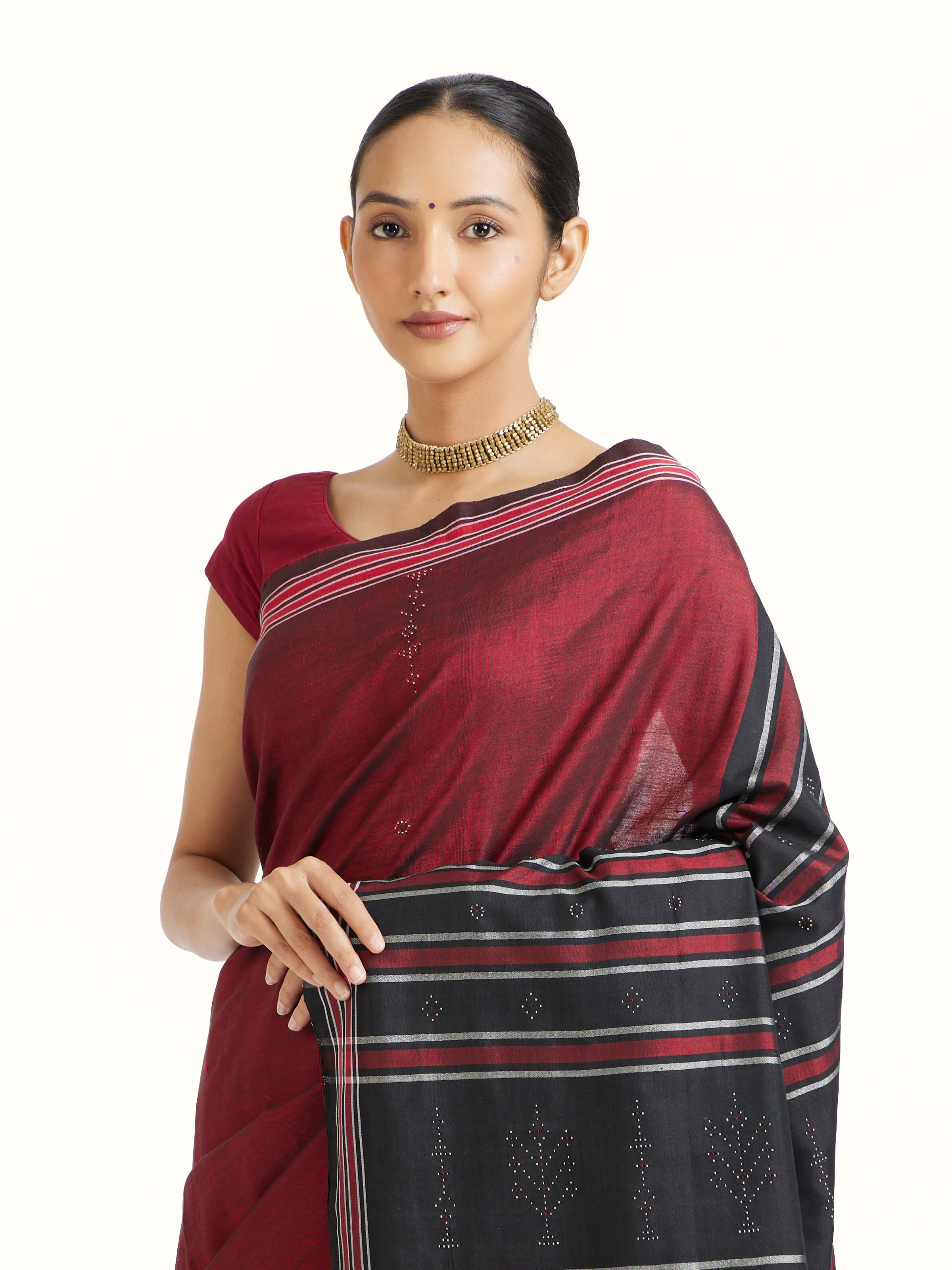 Maroon Cotton Silk Tangalia Saree