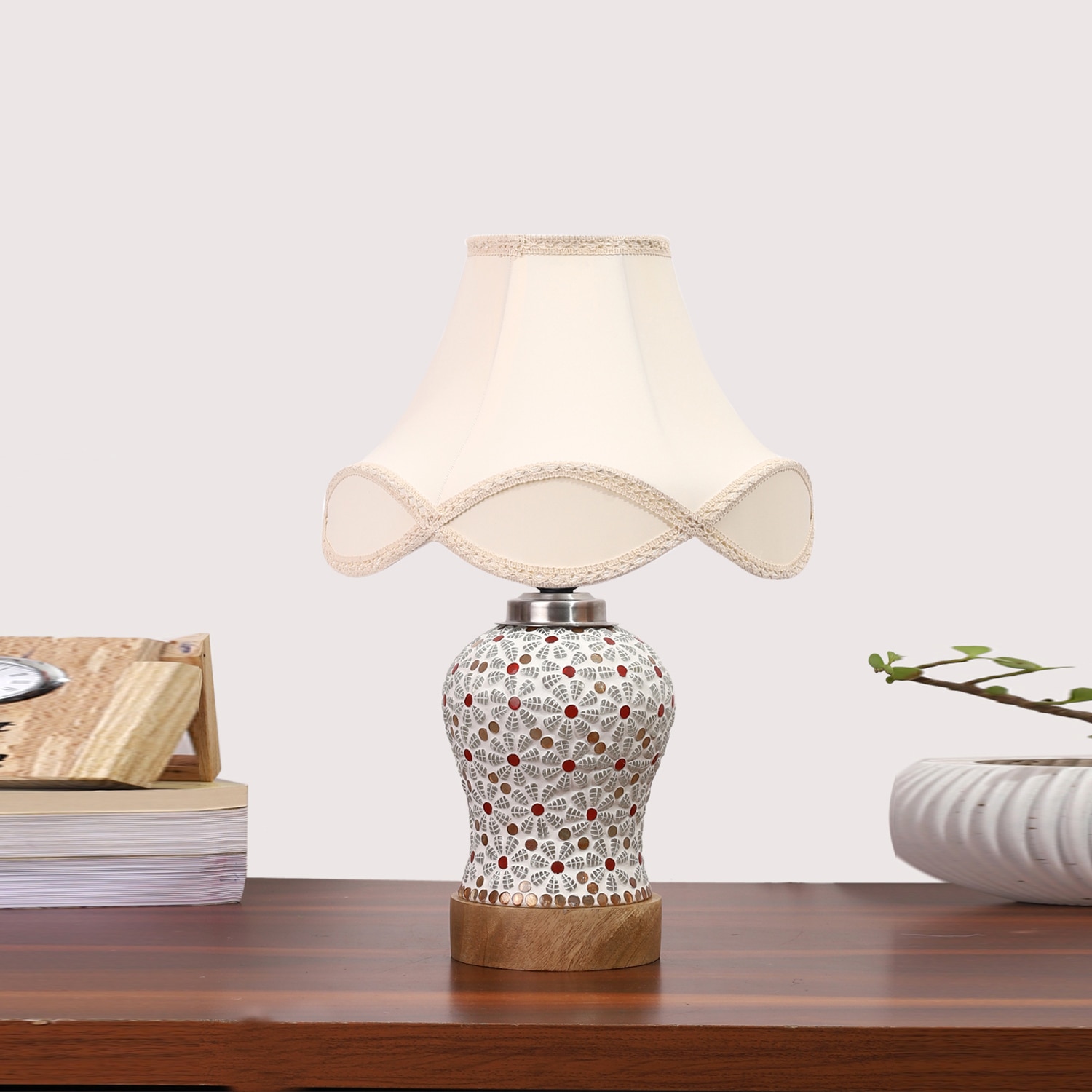Devansh Off-White Vintage  Cotton Shade Lamp With Wood & Mosaic Glass Base For Decoration/Office/Home/Gifting/Study For Decoration/Office/Home/Gifting/Study