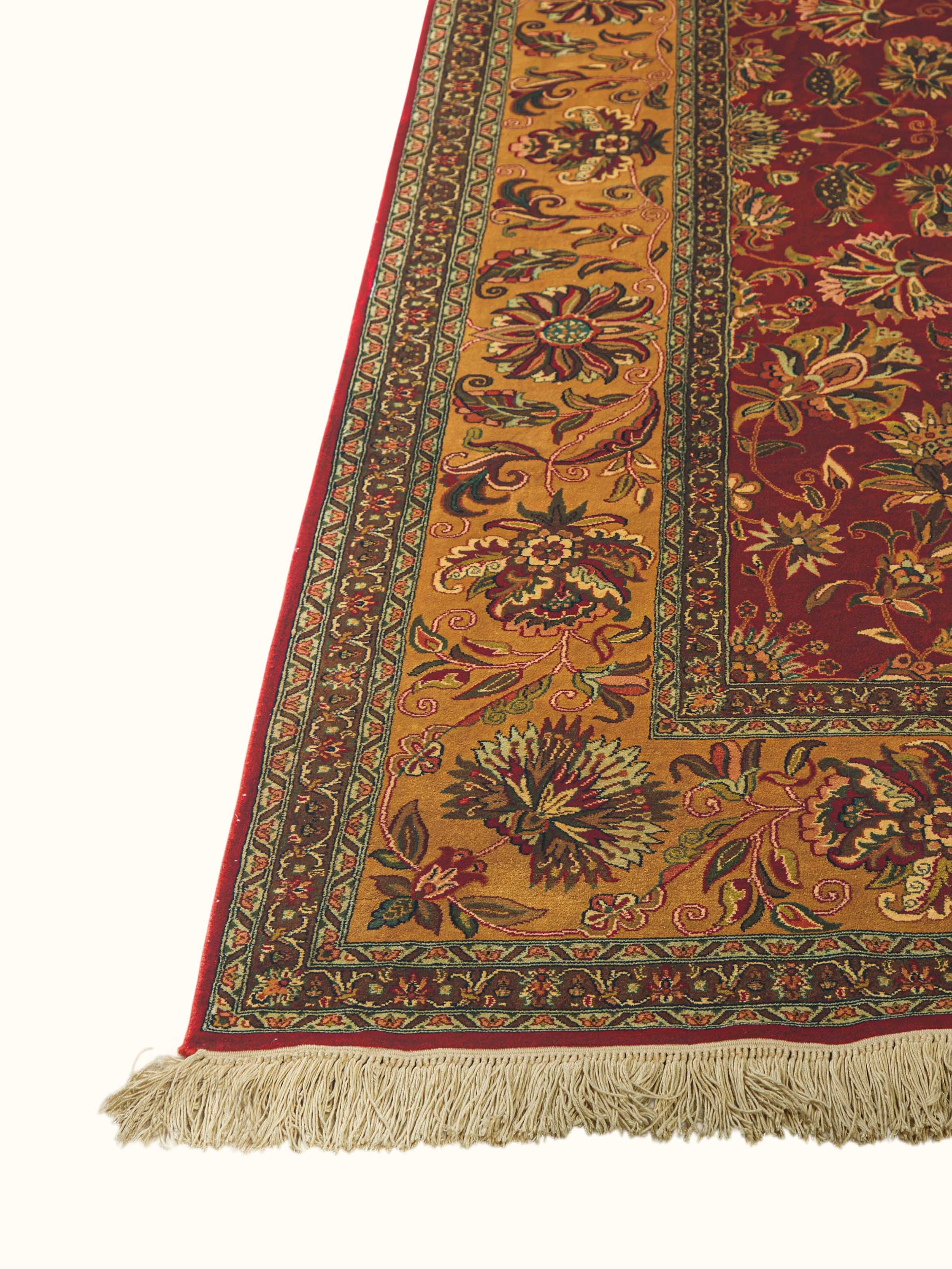 Traditional Persian Red Gold Kashan Kashmir Silk Hand-Knotted Carpet