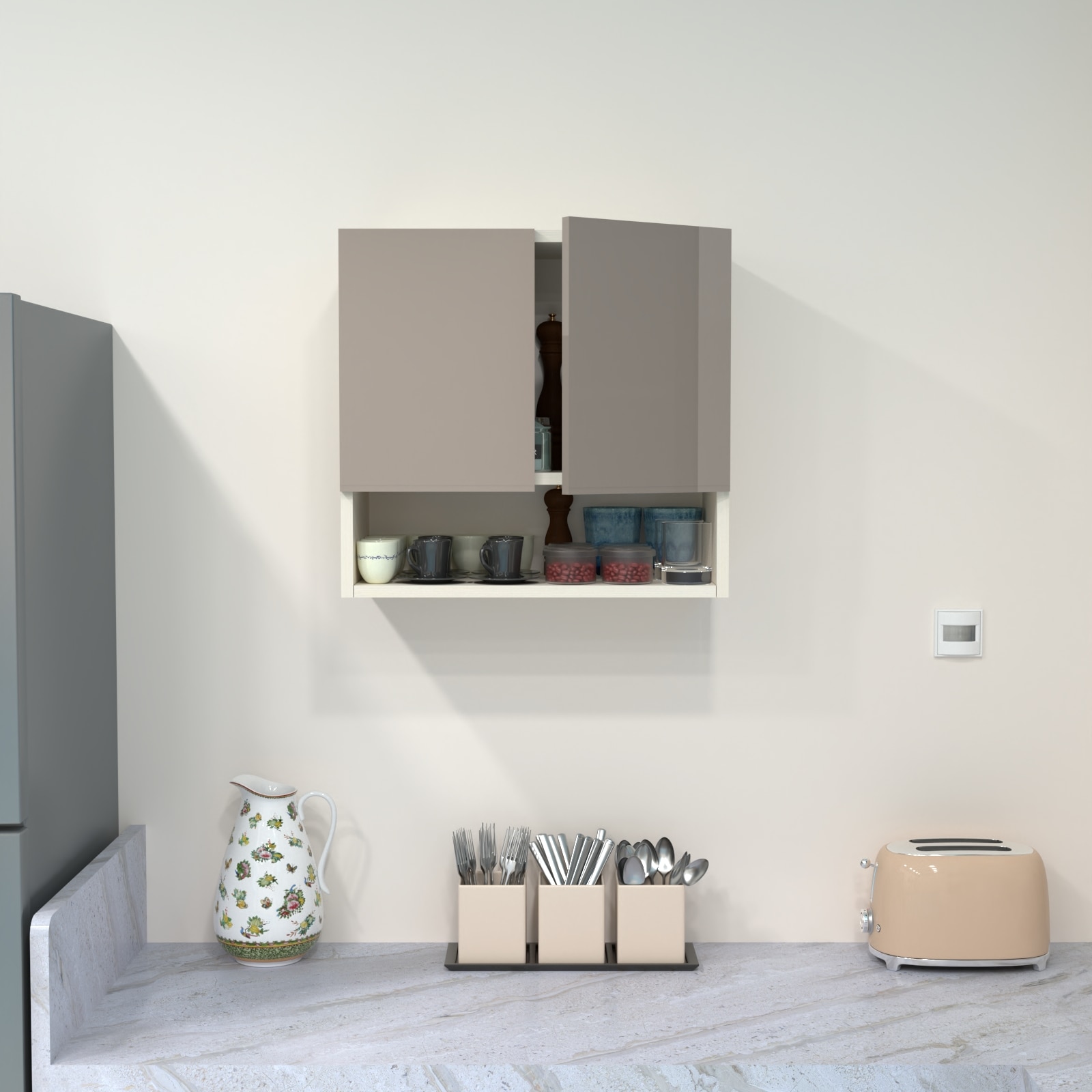 2 Door Mirror Glossy Triple Layered Uv Resistant Handless Cabinet  In Mocha Finish - Speciality Panels
