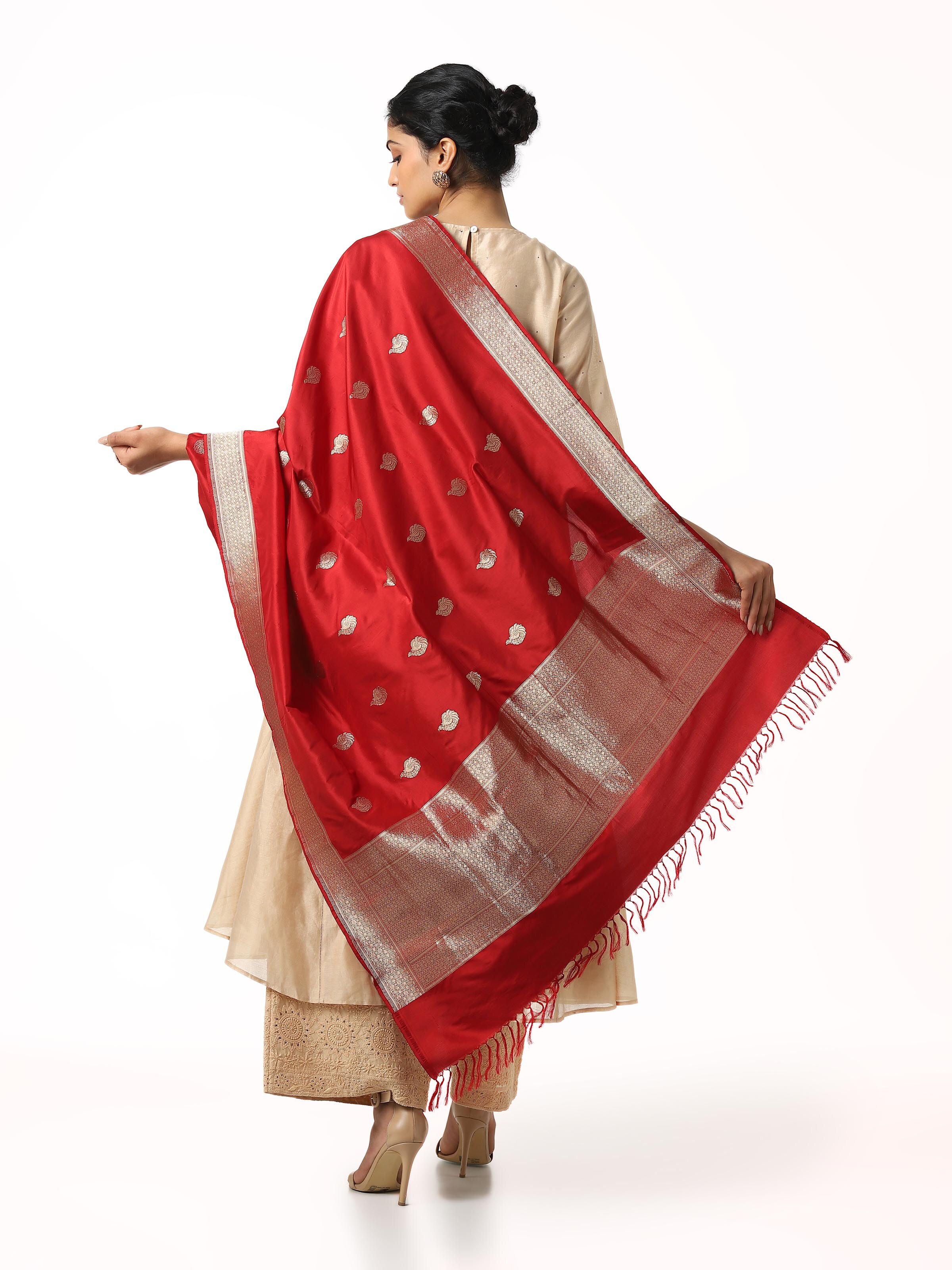 Back view of red Banarasi silk kadwa handwoven dupatta displaying full design