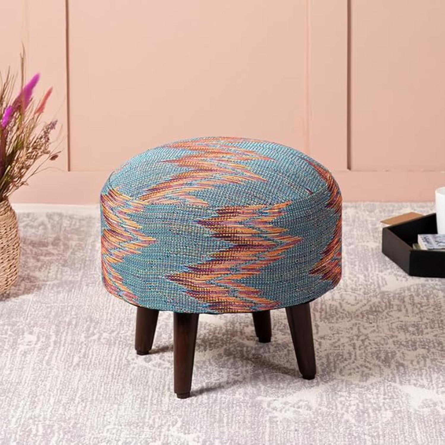 Crest Jacquard Wooden Ottoman in Blue Zig Zag Color - Nestroots