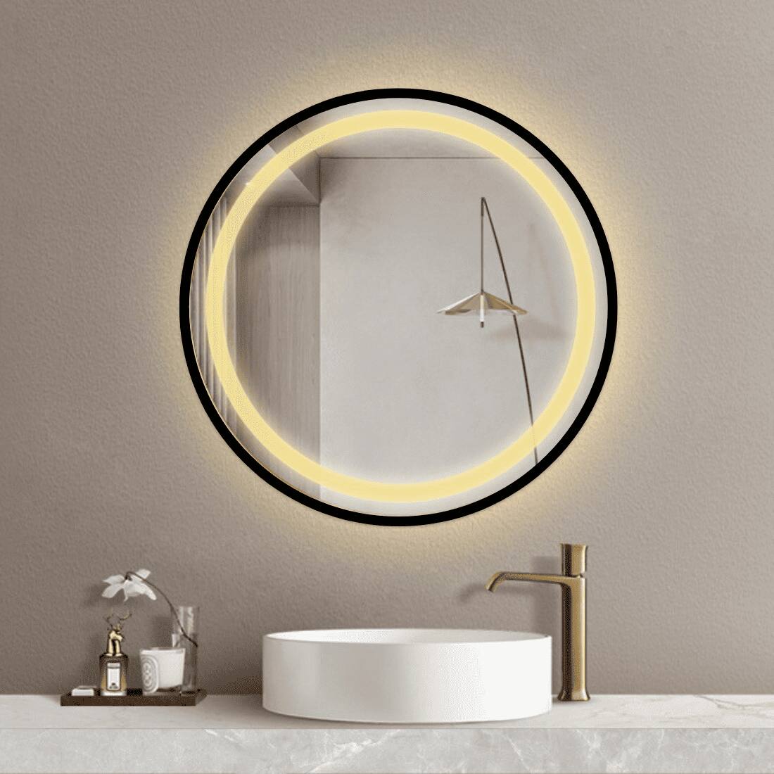 Round LED Mirror with Gold Aluminium Frame Modern Circular Vanity Mirror