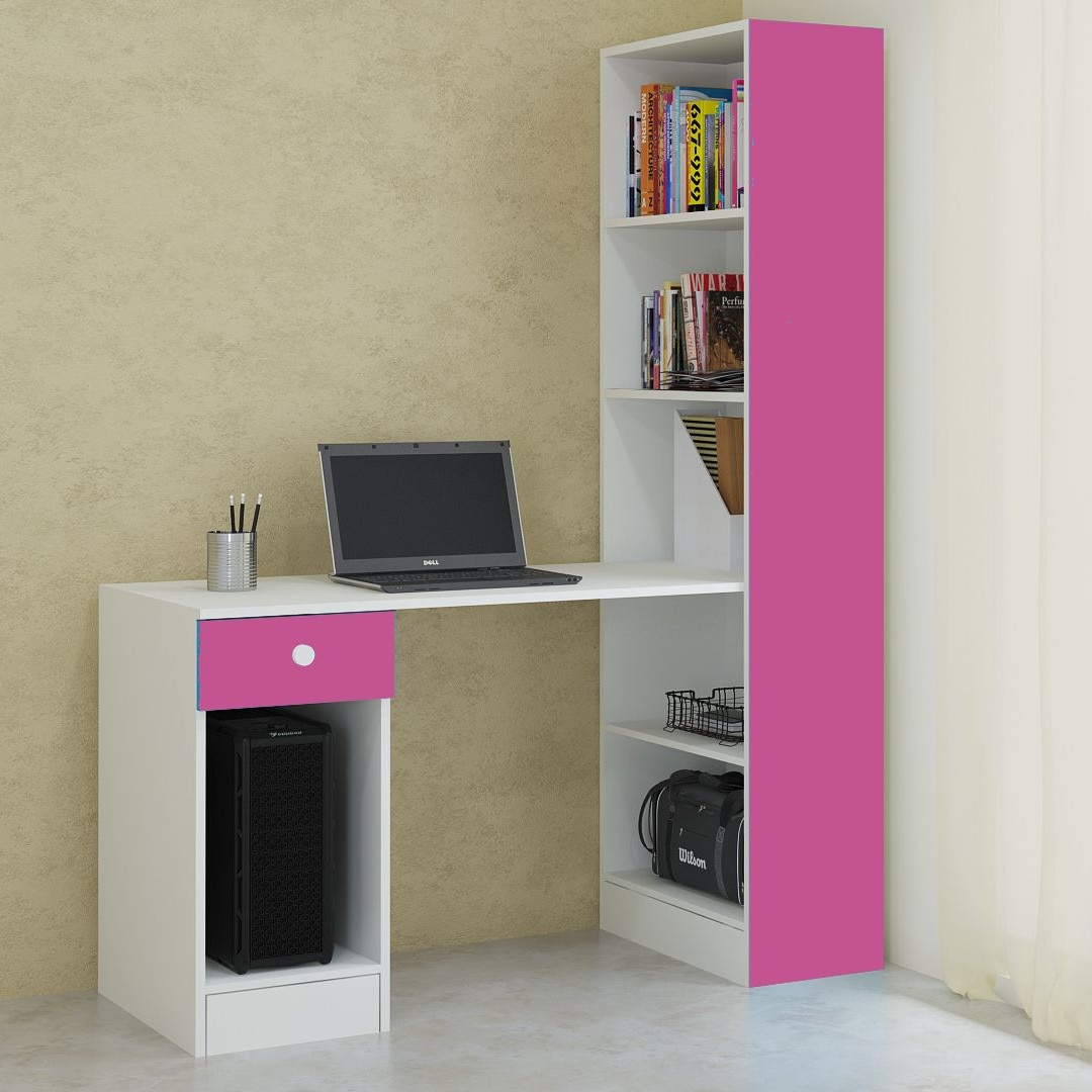 Austin Study Desk with Drawer and Built In Bookshelf in Barbie Pink Colour