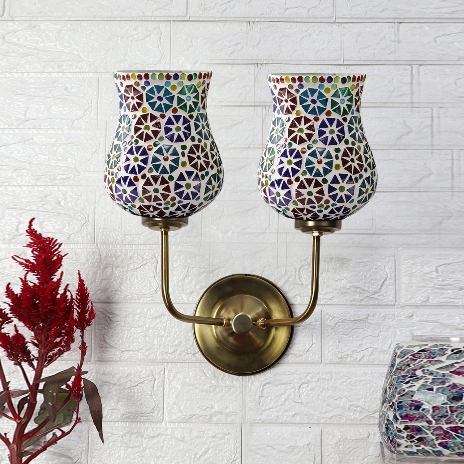 Devansh Metal Electric Wall Light in Gold Colour with Multicolor Shade Count of 2 Lights - Devansh