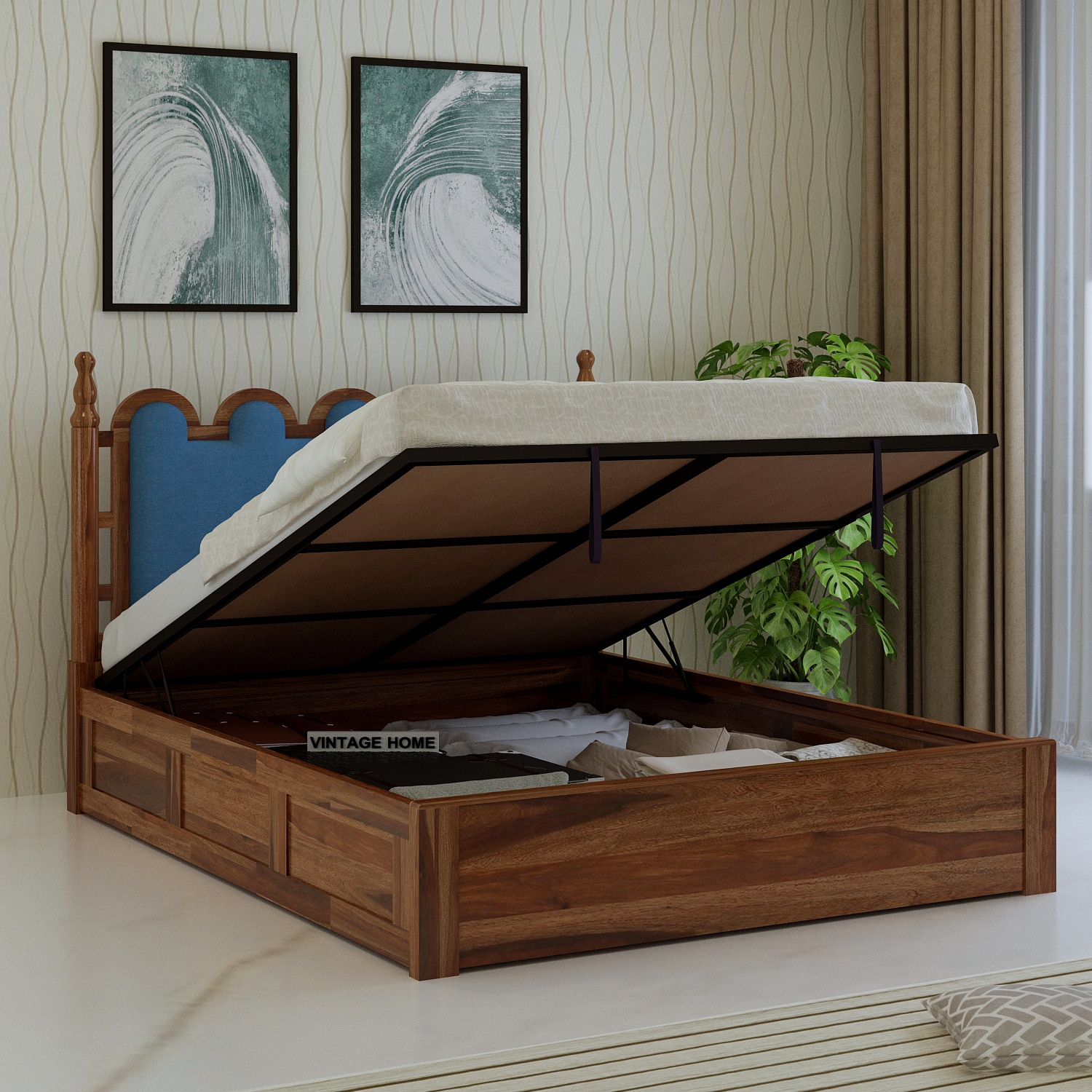 Heritage Sheesham Wood Queen Size Bed With Hydraulic Storage in Provincial Teak Finish-image-22