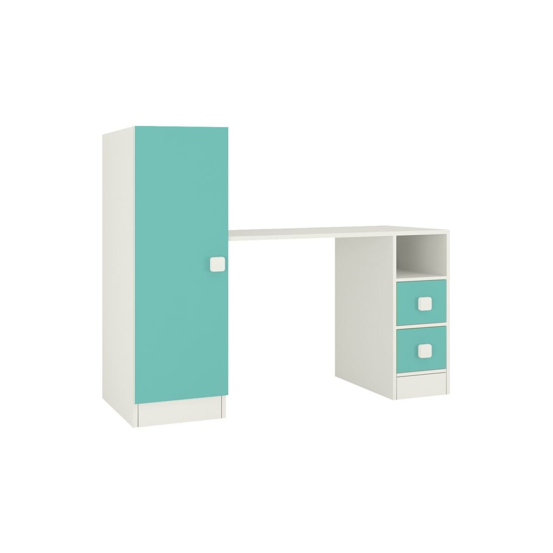 Rio Kids Large Study Desk with Drawers Built In Bookshelf and Square Handles in Misty Turquoise Colour