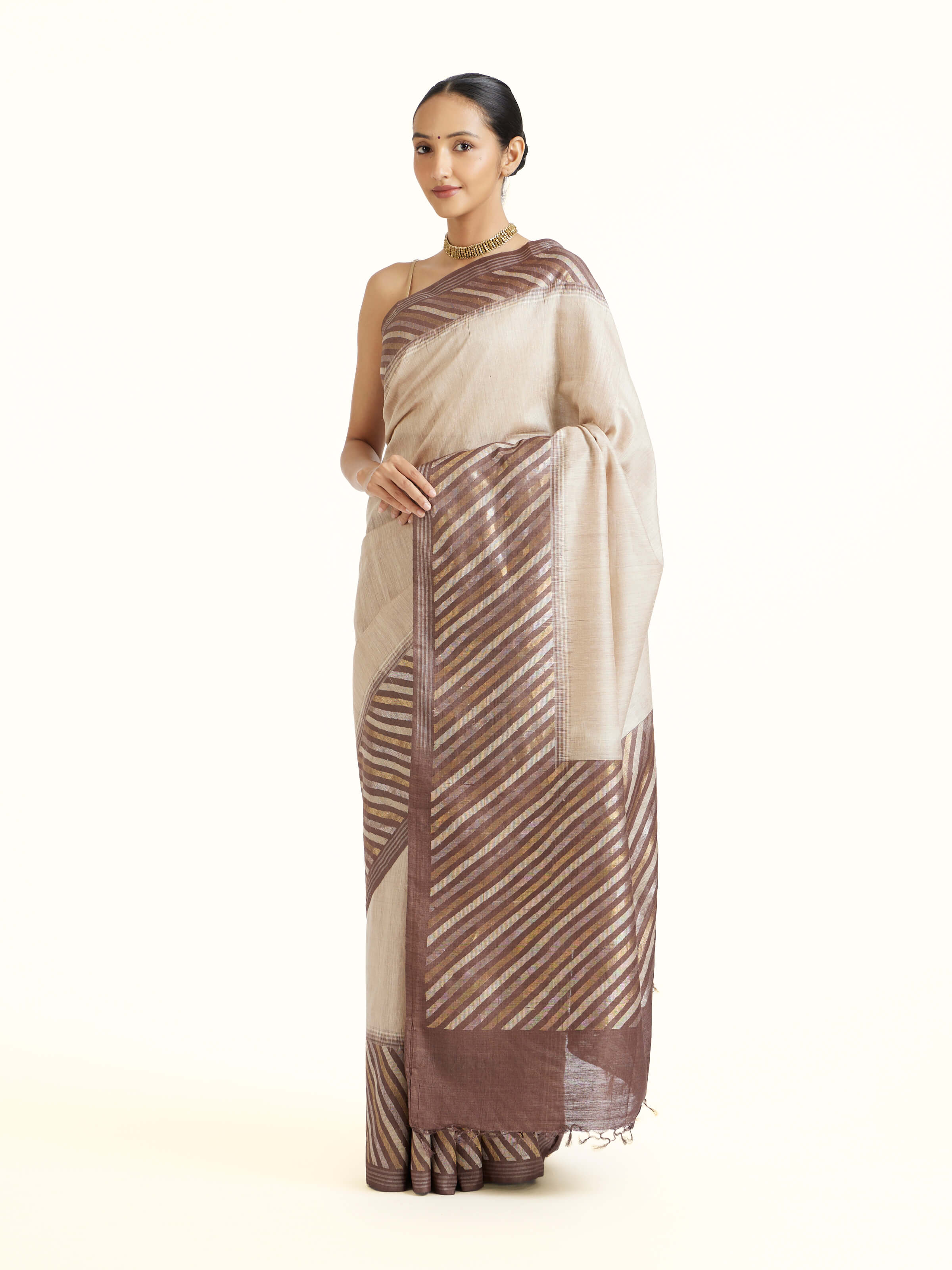 Beige Tussar Muga Silk Saree