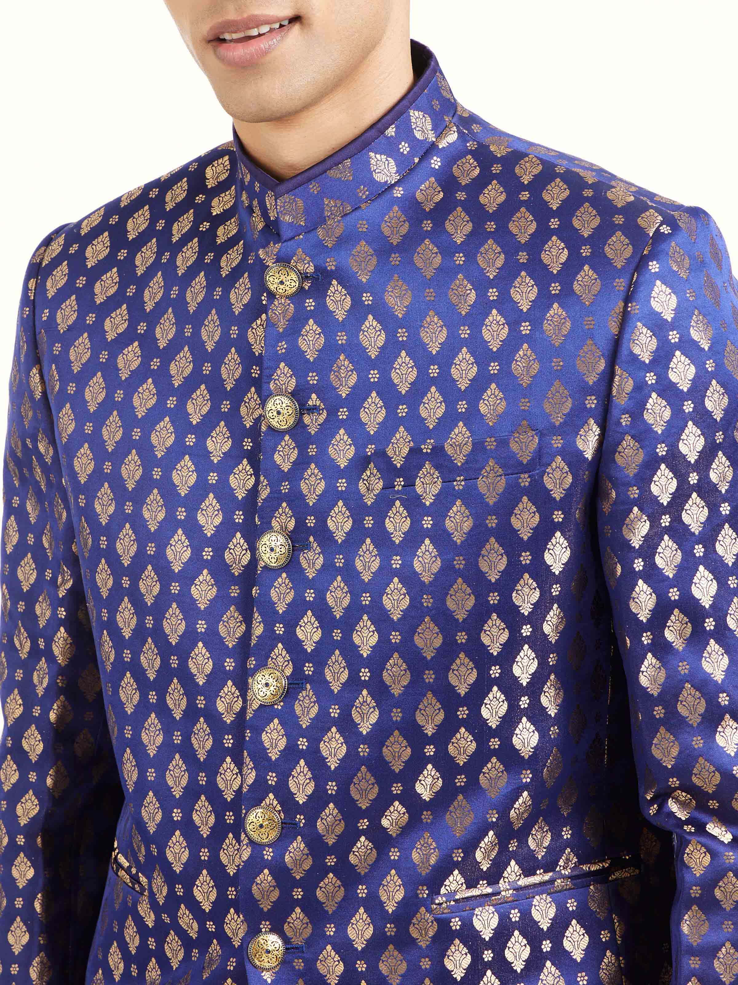 Detail view of navy blue silk Banarasi brocade bandhgala showing brocade texture
