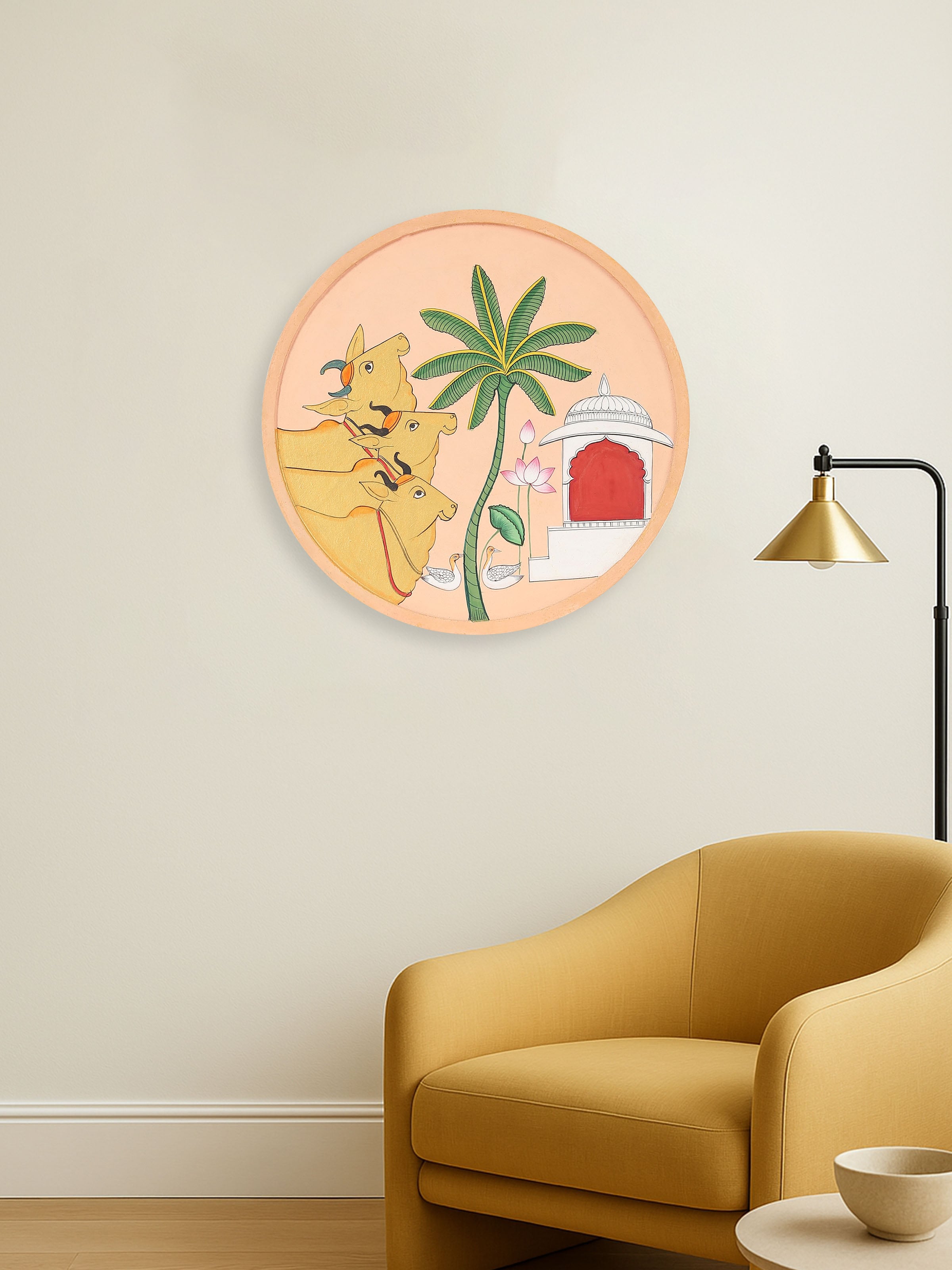 Cow and Temple Pichwai Painting Wall Plate