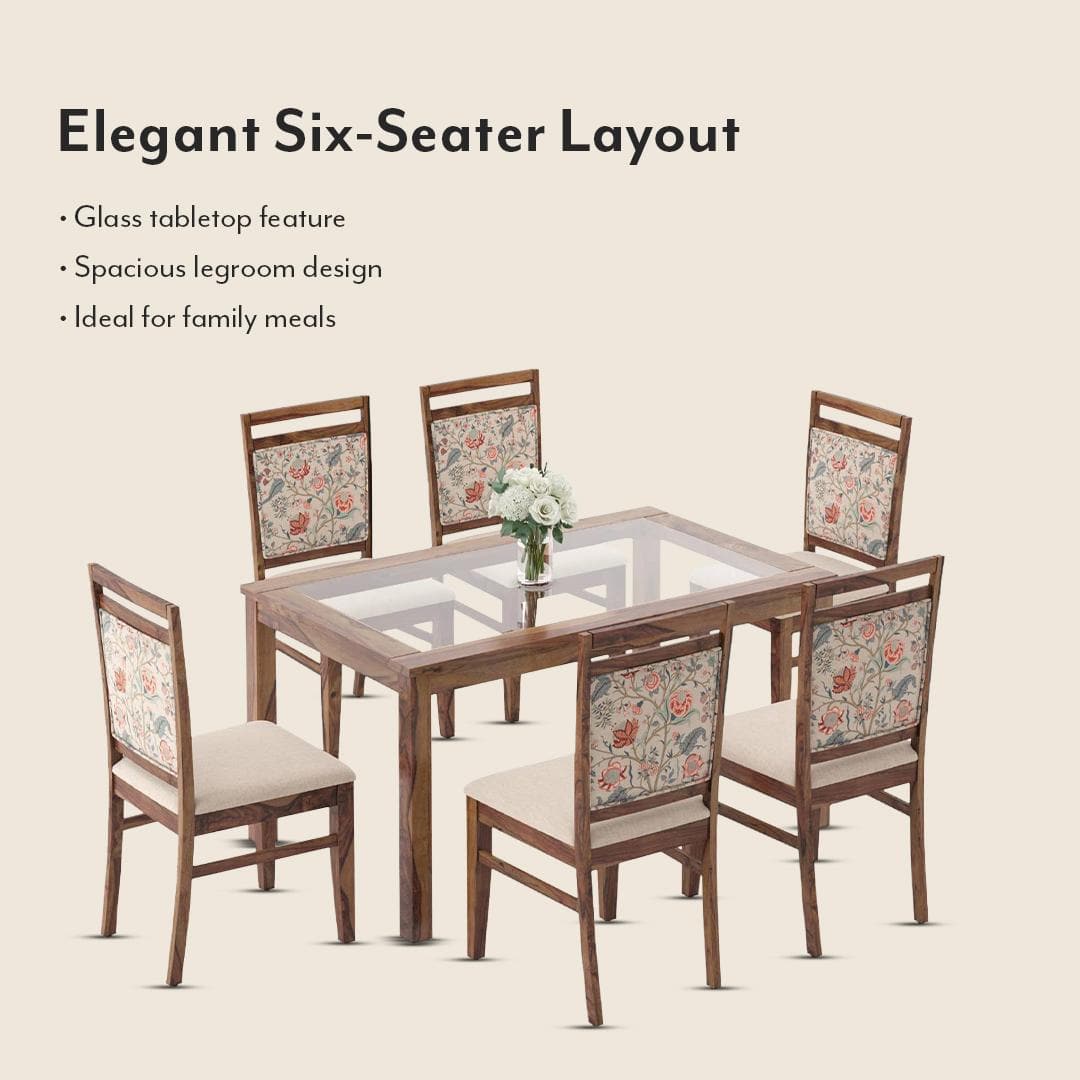 Floyd 6 Seater Glass Top Dining Table With Set Of 6 Alaine Dining Chairs (Colour- Calico Floral Retreat and Pony Beige, Finish- Teak)