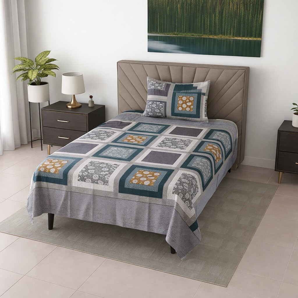 Tess Lavender Geometric 290 TC Cotton Flat Single Size Bedsheet with 1 Pillow Cover – Threads - Threads