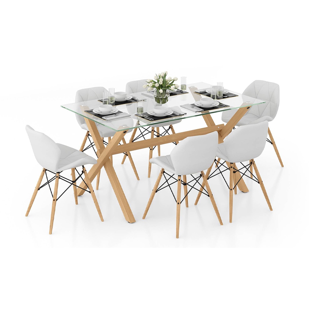 Nobu 6 Seater Glass Top Dining Table With Set Of 6 Ormond Chairs (Colour- White, Finish- Brown)