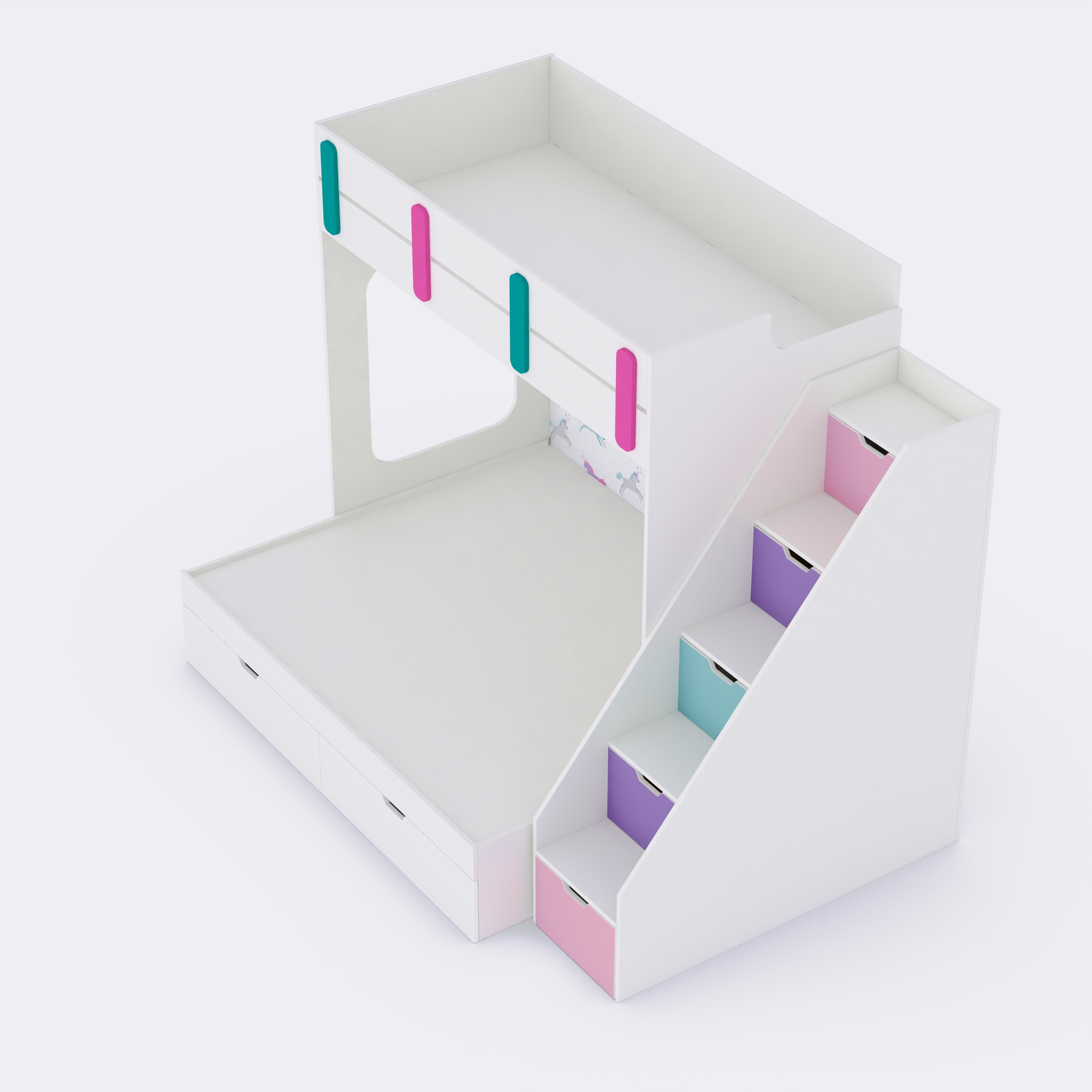 Pattern Dreams Bunk Bed  6X5 (Drawers On Wheels) In White Colour
