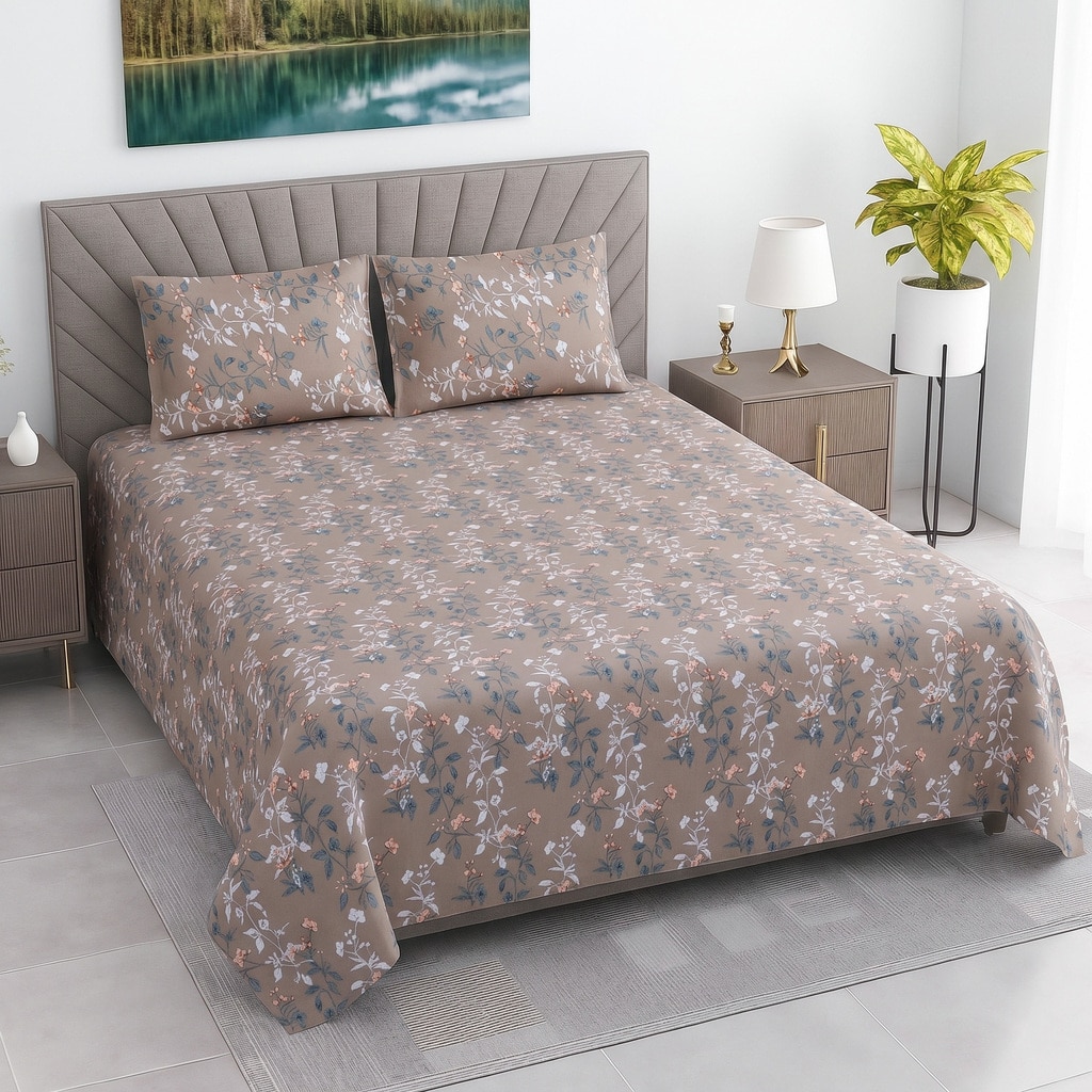 Taupe Floralcotton400 Tcflat  Double Queen Size Bedsheet With 2 Pillow Covers - Threads