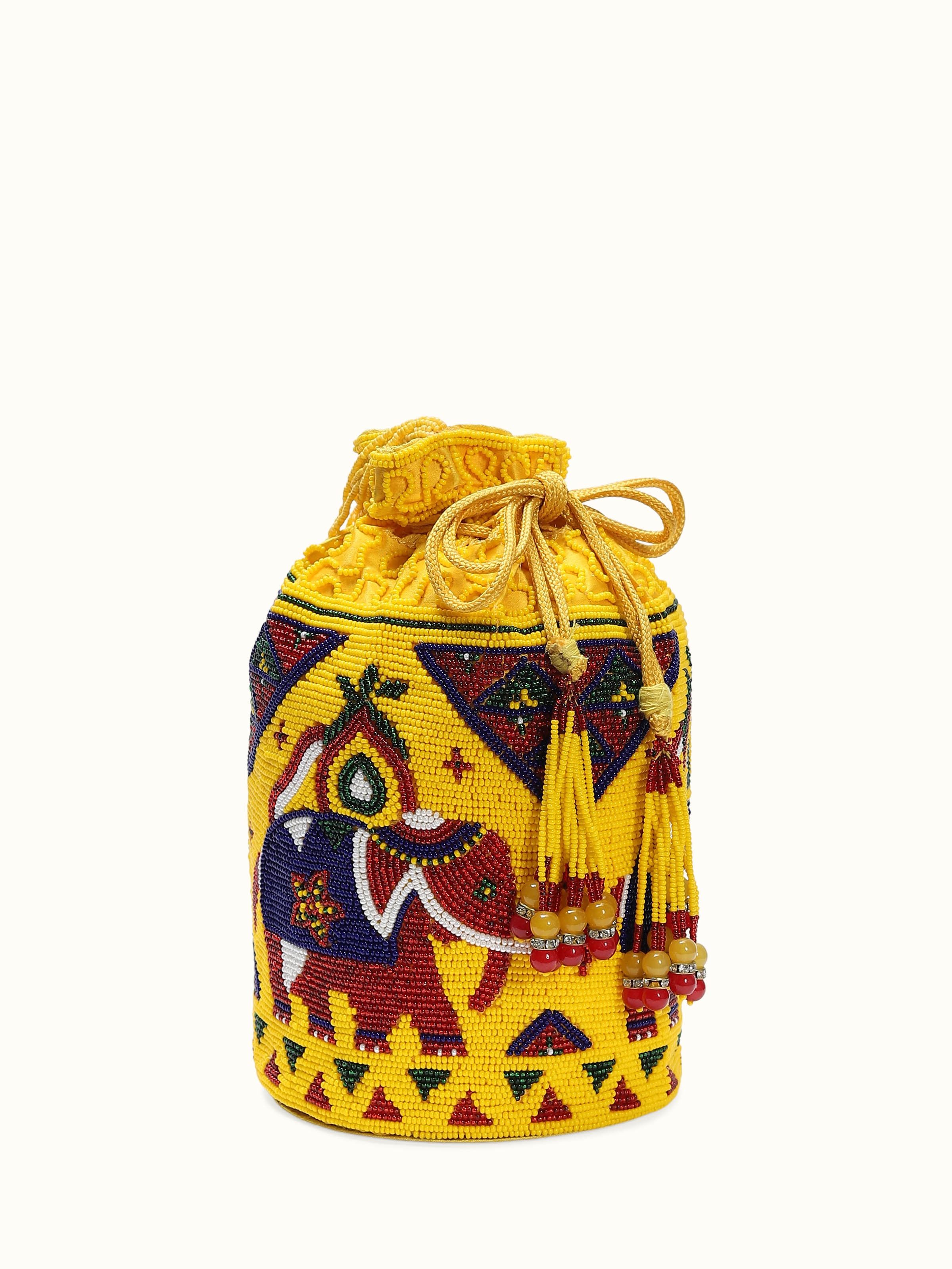 Angled view of silk beadwork potli bag with detailed bead embroidery