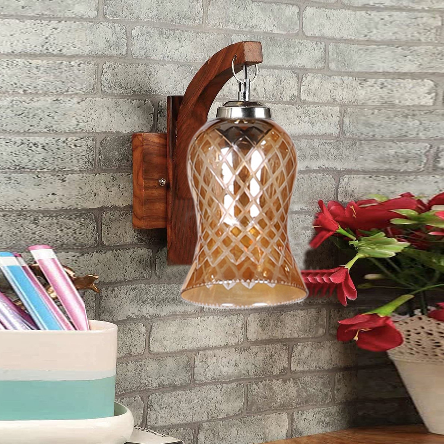 Devansh Solid Wood Electric Wall Light in Brown Colour with Lavender Shade Count of 1 Light - Devansh