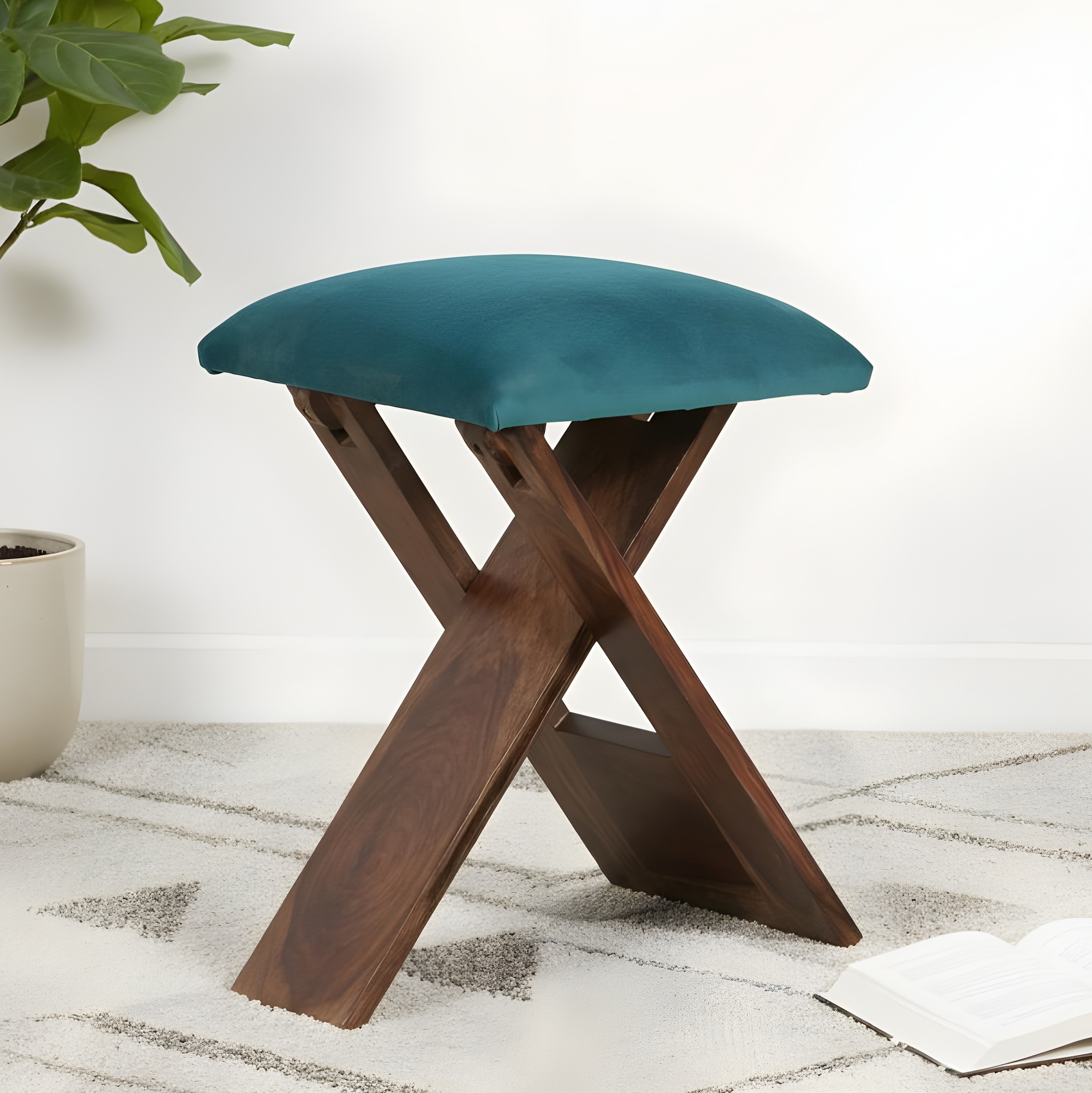 Dayton Sheesham Wood Accent Square Set of 2   Stools in Turquoise Sea Velvet Upholstery
