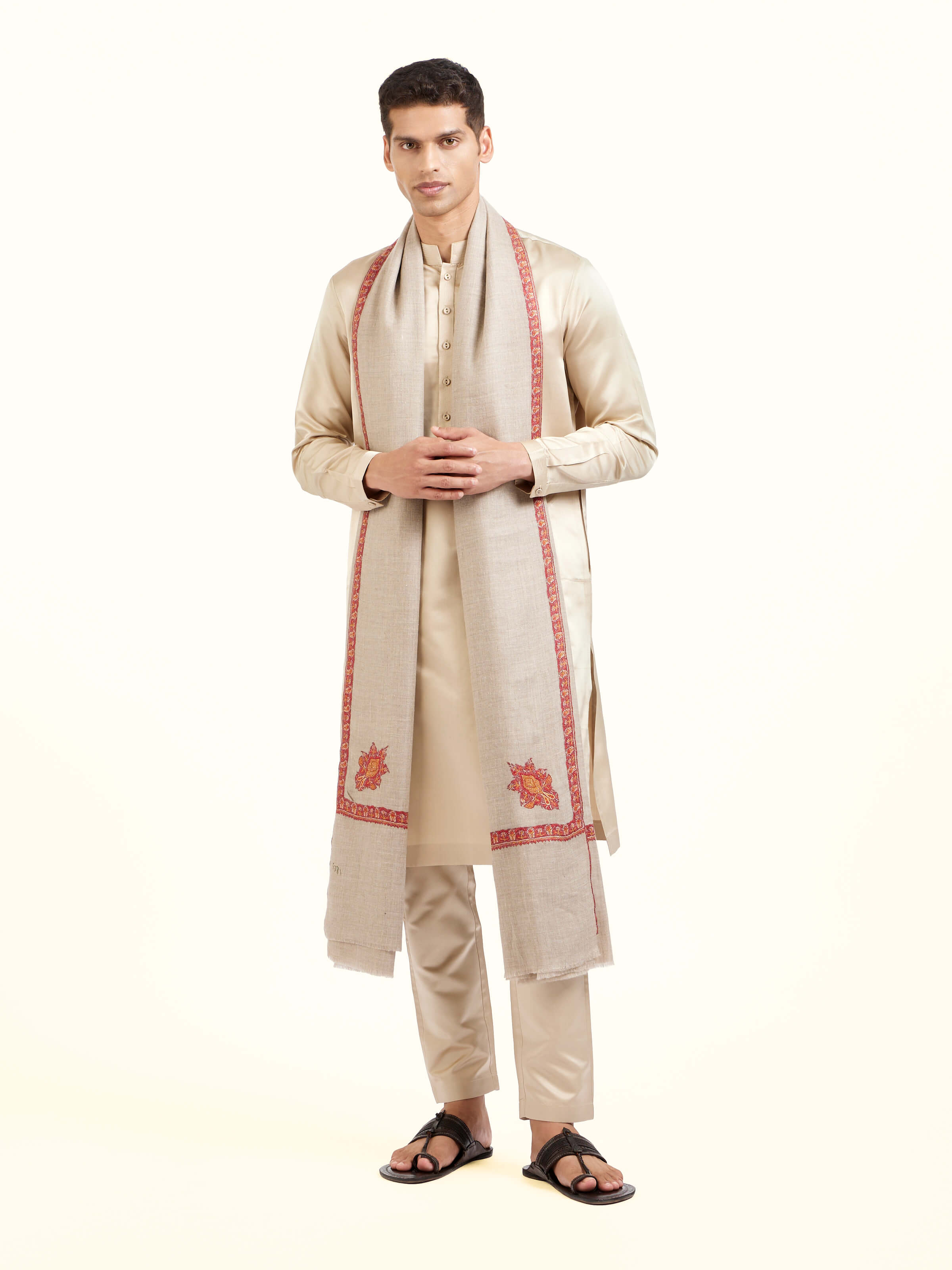 Natural Sozni Hand Embroidered Shawl