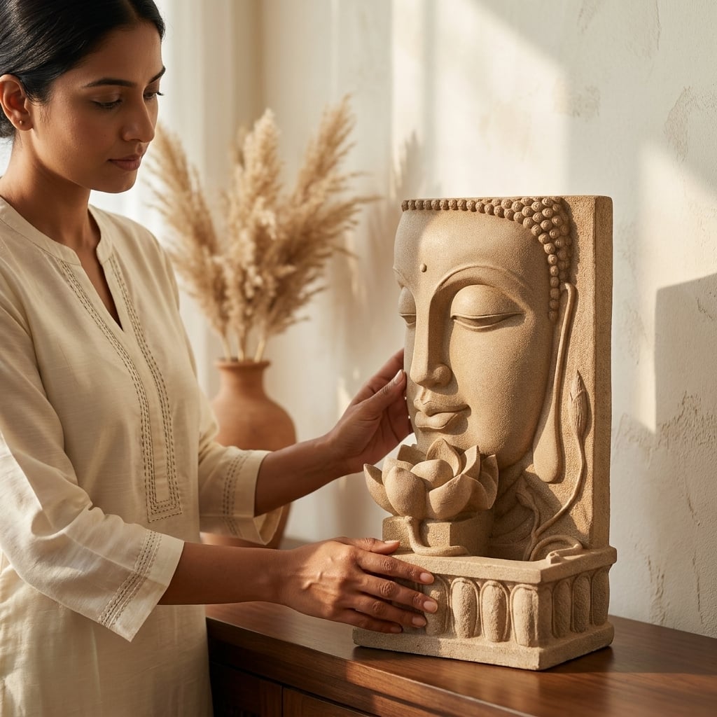 Water Fountain Lotus Buddha Serenity Water Fountain in Beige Colour - Vedas