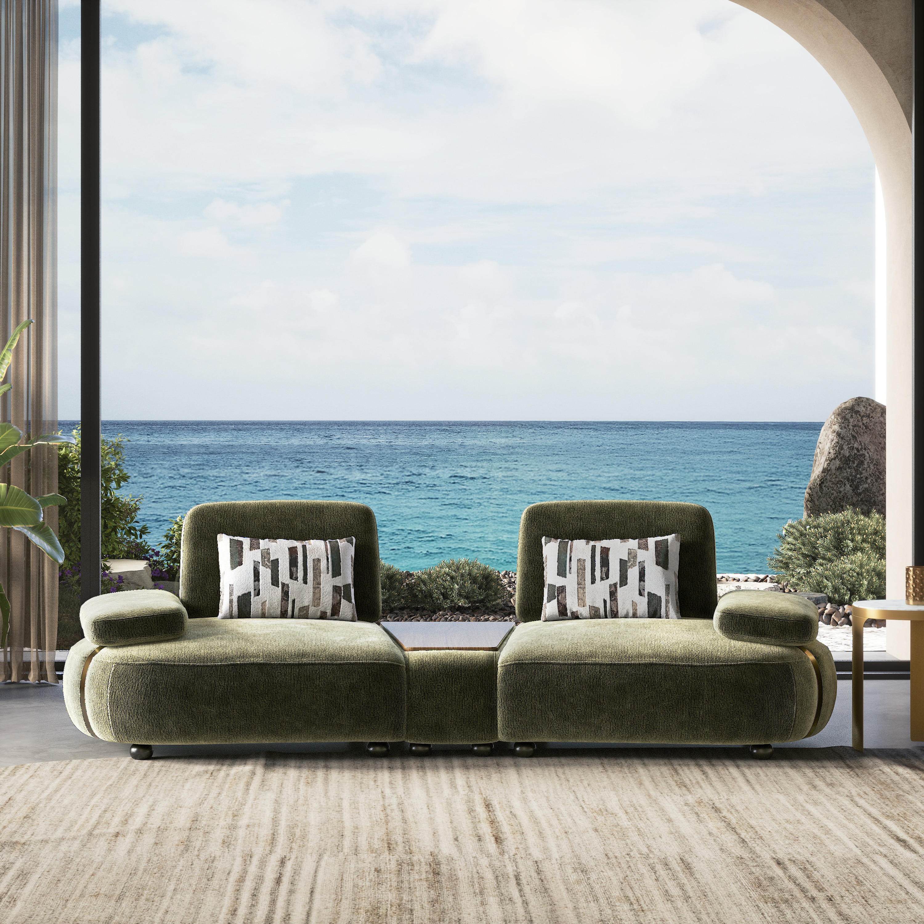 Soho Fabric Sofa With Modular Wood Top Table In Fern Fabric