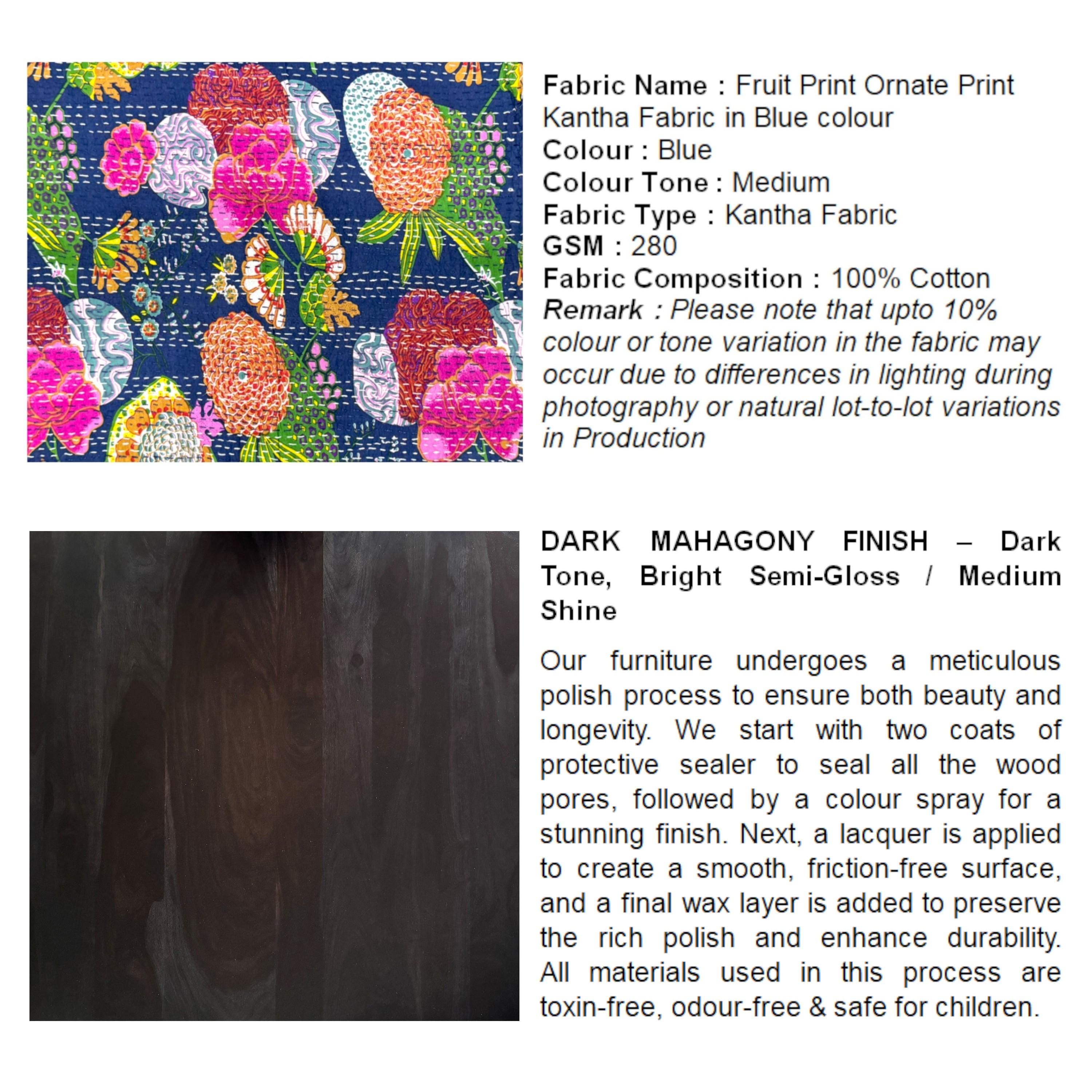 Rosslyn Solid Wood Pouf Stool in Fruit Print Blue Ethnic Kantha fabric