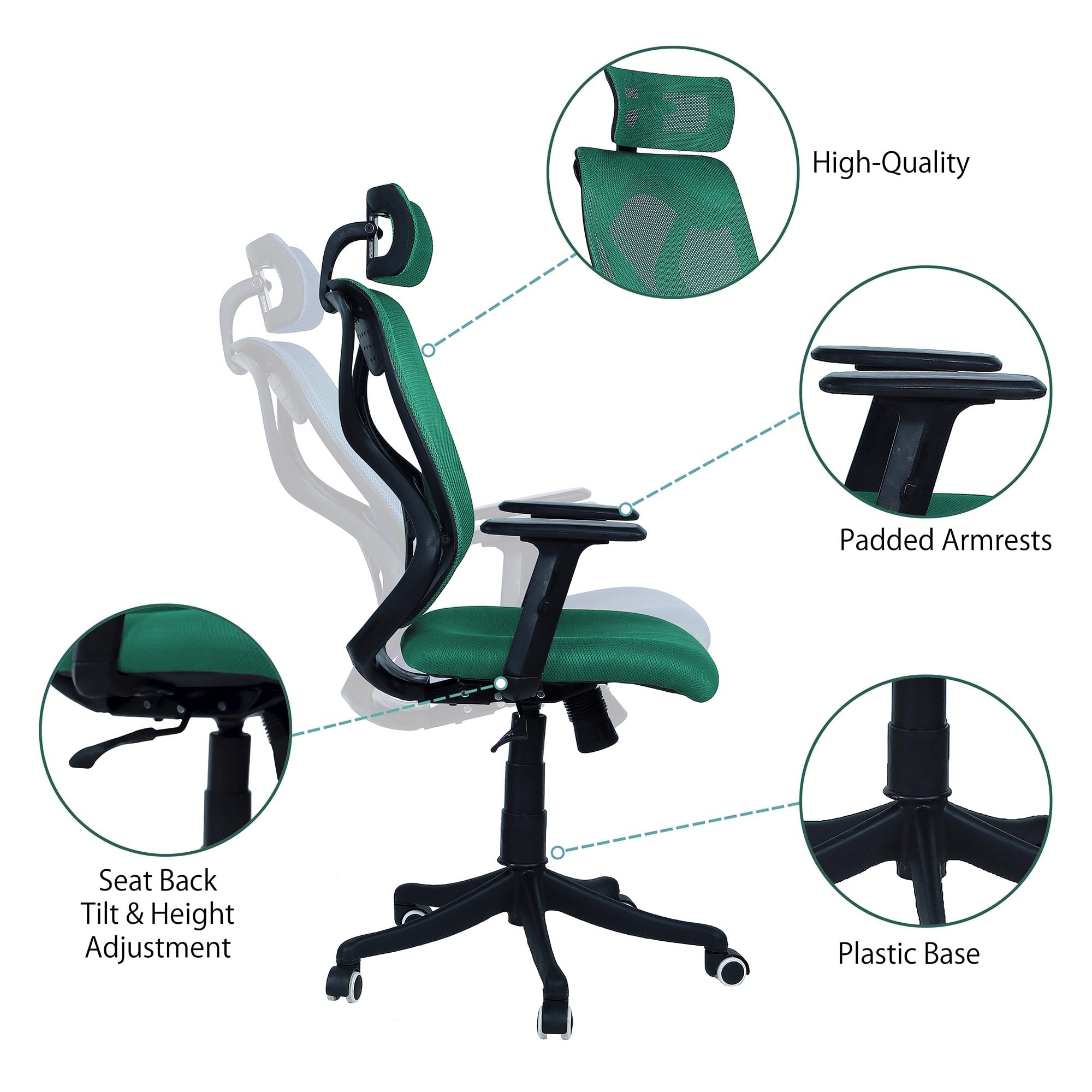 Zeeazyana High Back Ergonomic Chair in Dark Green Colour