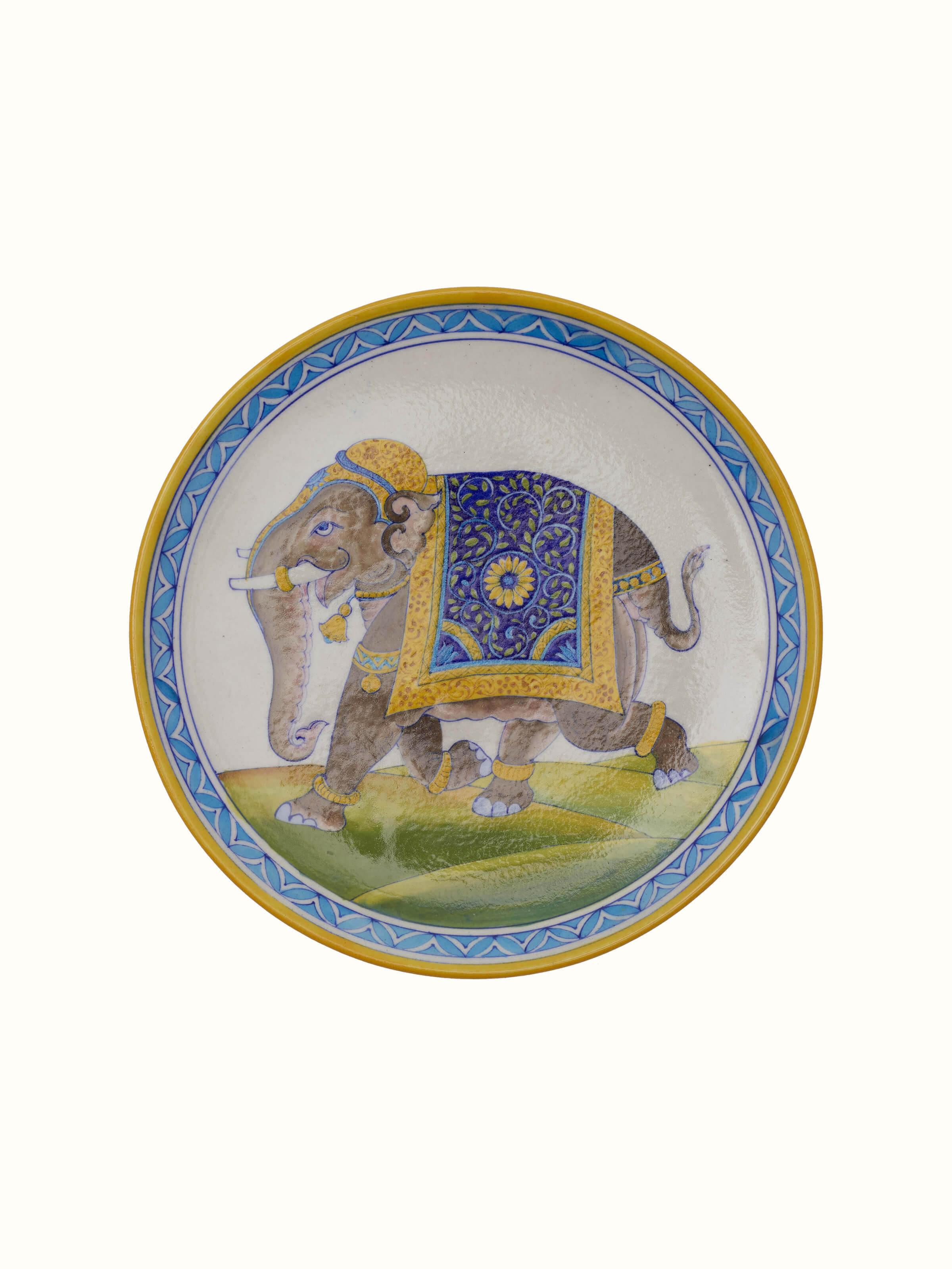 Detailed view of Blue pottery Rajasthani warrior elephant display plate focusing on the intricate patterns and hand-painted design