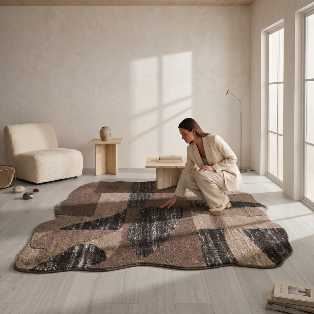 Handmade Wool Shaped Rug Modern Abstract Brown Beige 5 x 7 Feet Carpet - NEU LOOMS