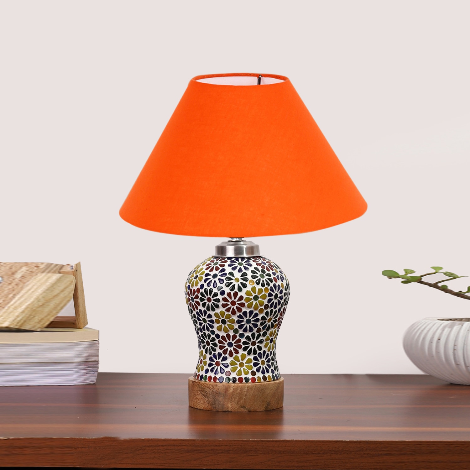 Devansh Conical Orange Cotton Shade Lamp With Wood & Mosaic Glass Base For Decoration/Office/Home/Gifting/Study For Decoration/Office/Home/Gifting/Study -(10X10X14.5) Inches -A