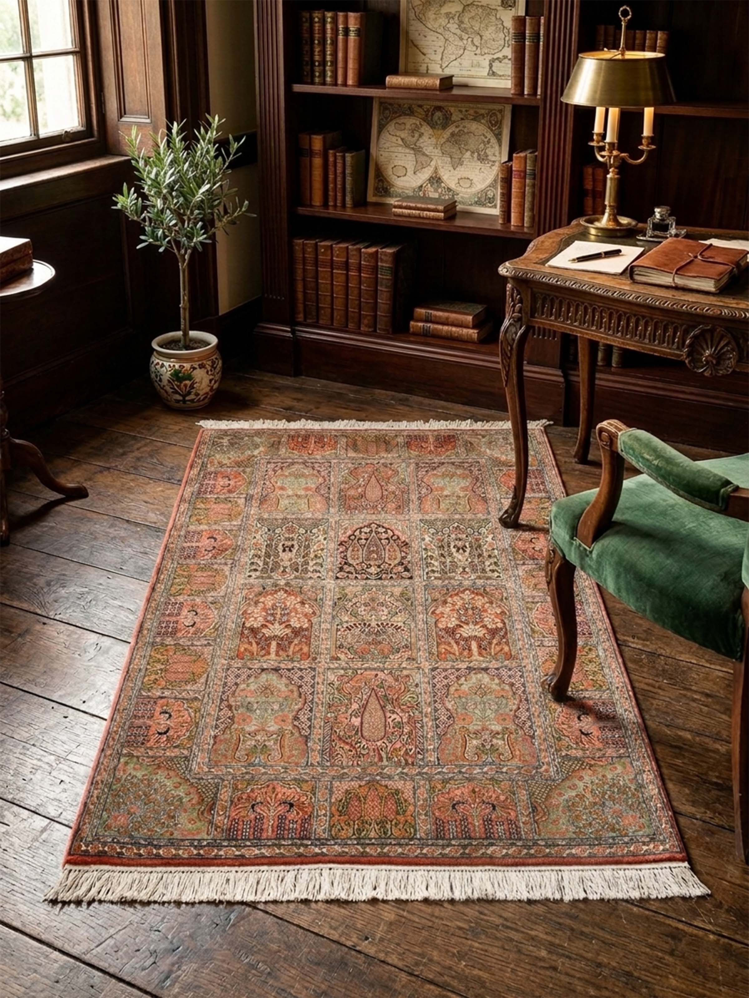 Traditional Persian Rust Blue Hamadan Kashmir Silk Hand-Knotted Carpet