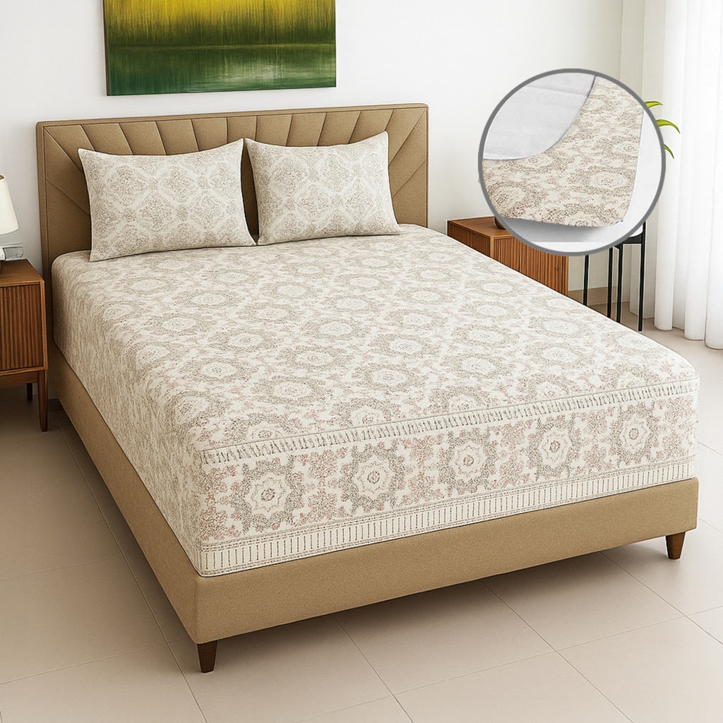 Cream Floral 400 TC Cotton Fitted Queen Bed Size Bedsheet With 2 Pilllow Covers  Threads