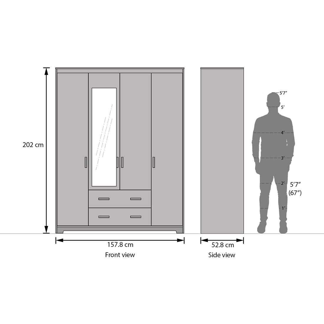 Miller 4 Doors 2 Drawers Wardrobe With Mirror and Lock in Two Tone Finish