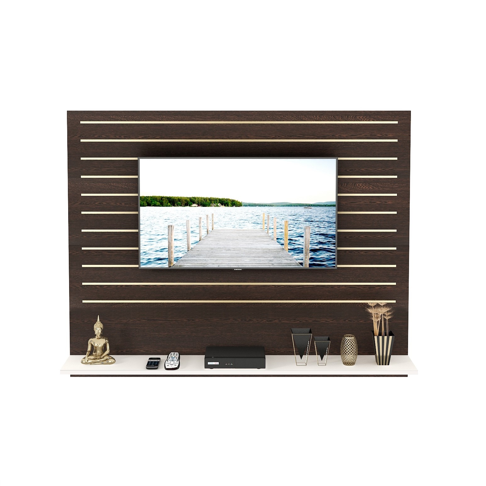 BLUEWUD Reyloye Standard Engineering Wood Wall Mount TV Entertainment Unit Set Top Box Stand/TV Cabinet Panel with Shelves for Books & D�cor Display Unit Bed Living Room Upto 50"(Wenge & White)