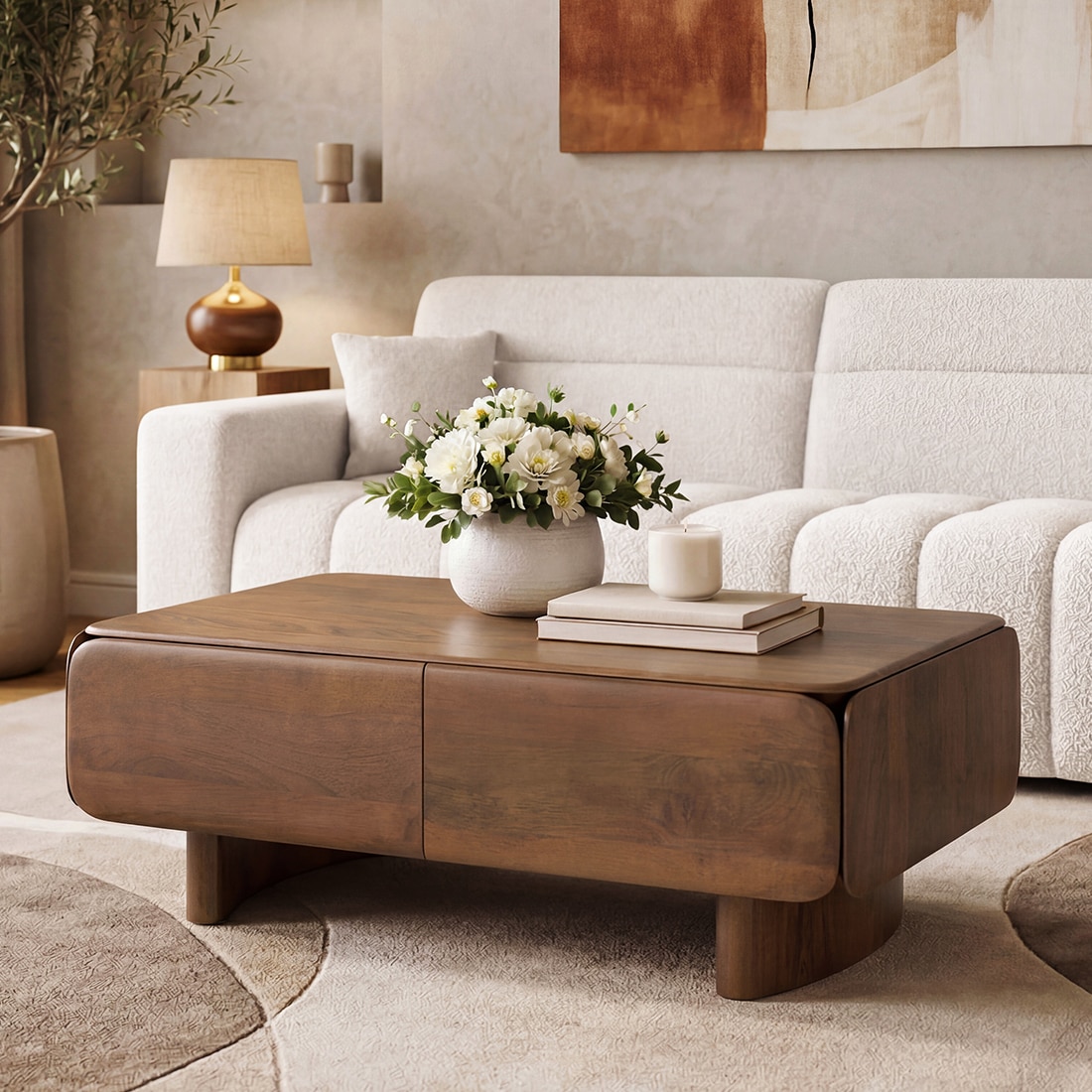 Olen Solid Wood Rectangular Storage Coffee Table In Amber Walnut Finish
