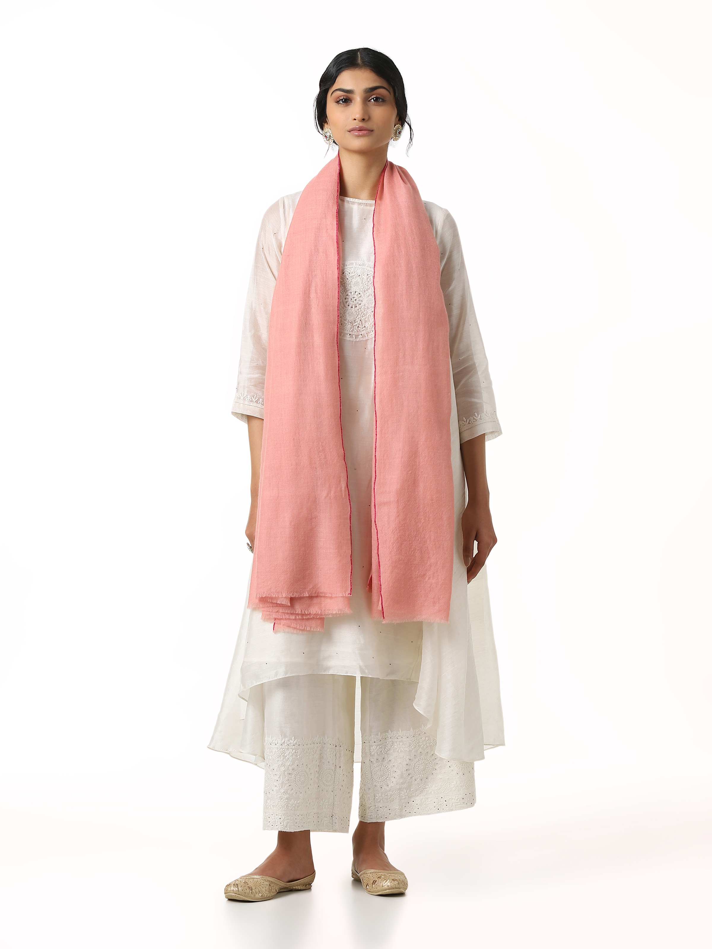 Front view of pink cashmere kaaj embroidered handwoven stole showcasing fine embroidery