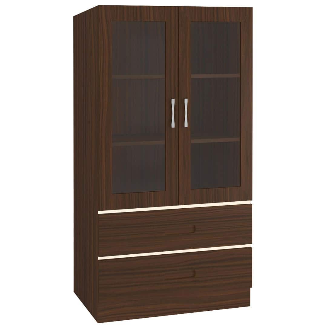 Paloma Large Crockery cum Bookshelf Cabinet with Toughened Glass Shutters and Drawers in Coffee Walnut Light Wood Colour