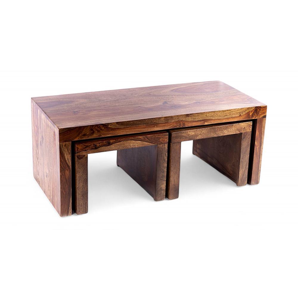 Kassel Sheesham Wood 2 Seater Coffee Table Set In Teak Finish