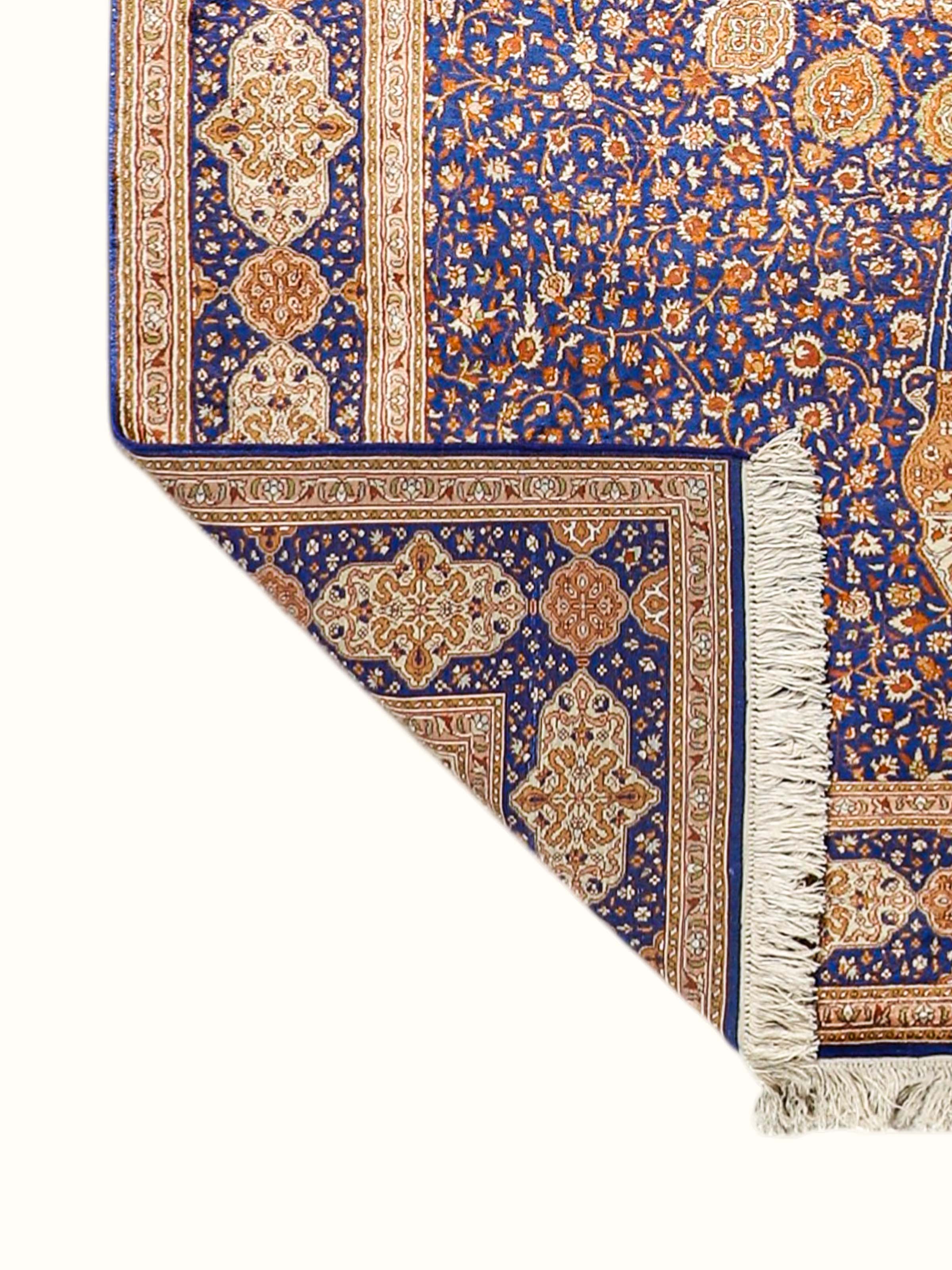 Traditional Persian Royal Blue Rust Ardabil Kashmir Silk Hand-Knotted Carpet
