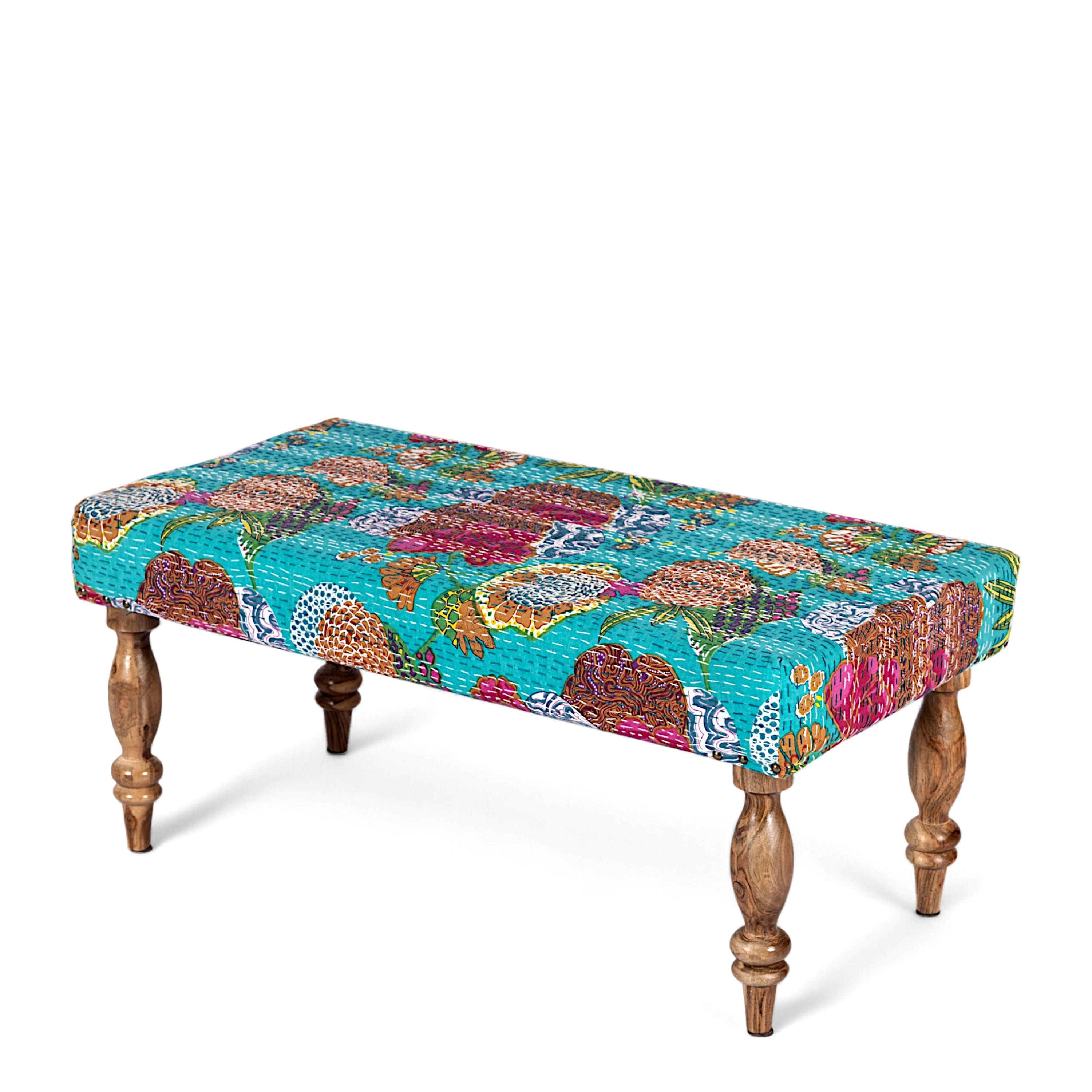 Bestone Solid Wood Bench In Floral Print Green Kantha Fabric