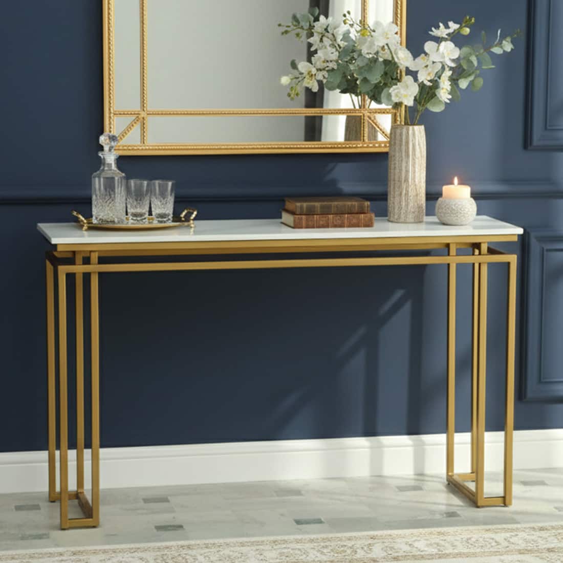 Majestic Metal Console Table in Gold Finish with Porcelain Top - Bhavya Exports