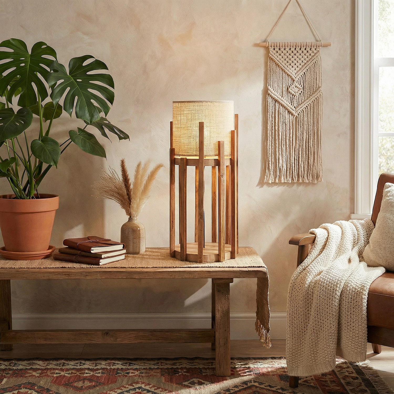 Bastian Wooden Table Lamp with Brown Base and Premium White Fabric Lampshade - Symplify