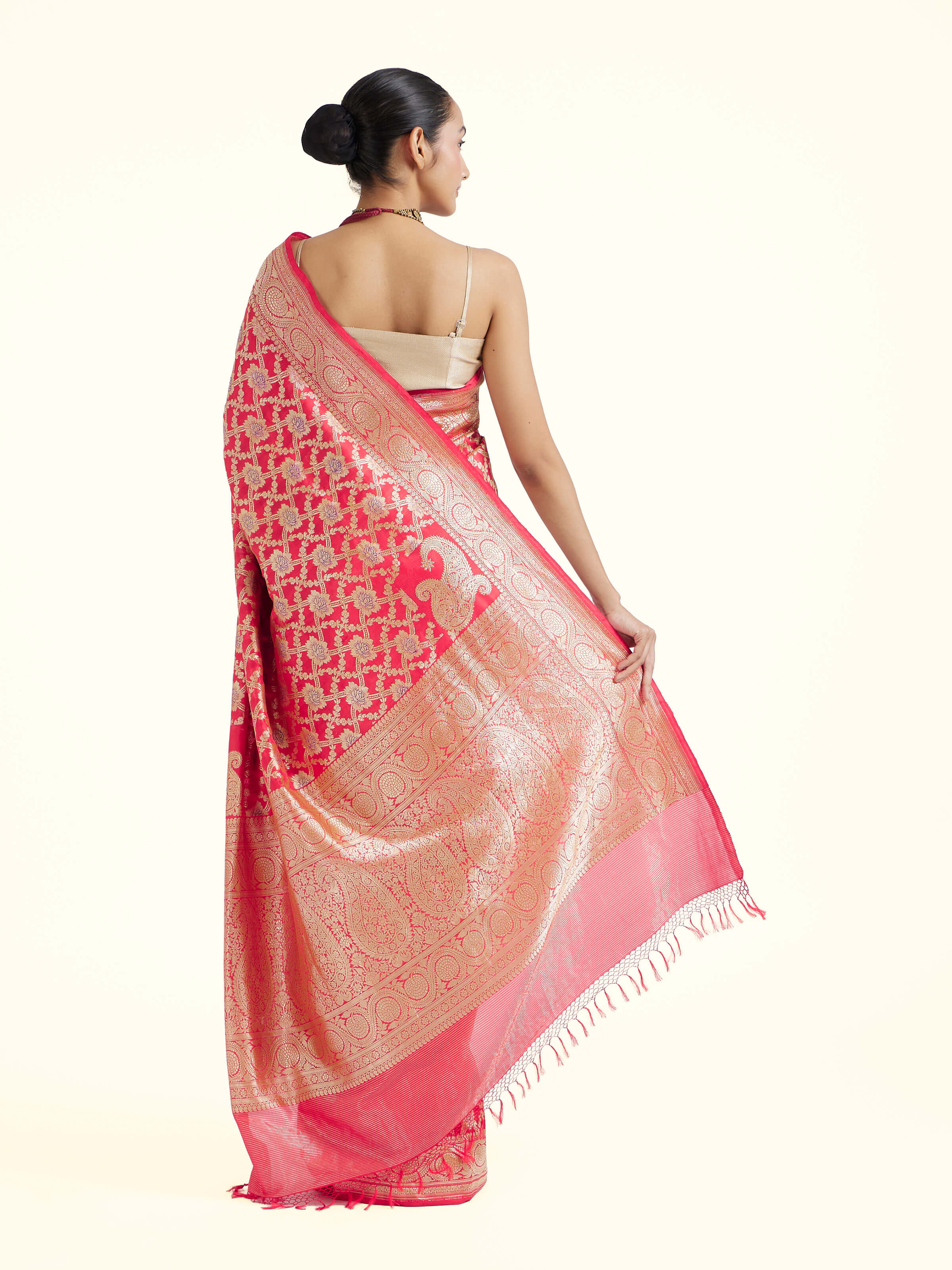 Back view of red mulberry katan silk Banarasi saree with ornate pallu design