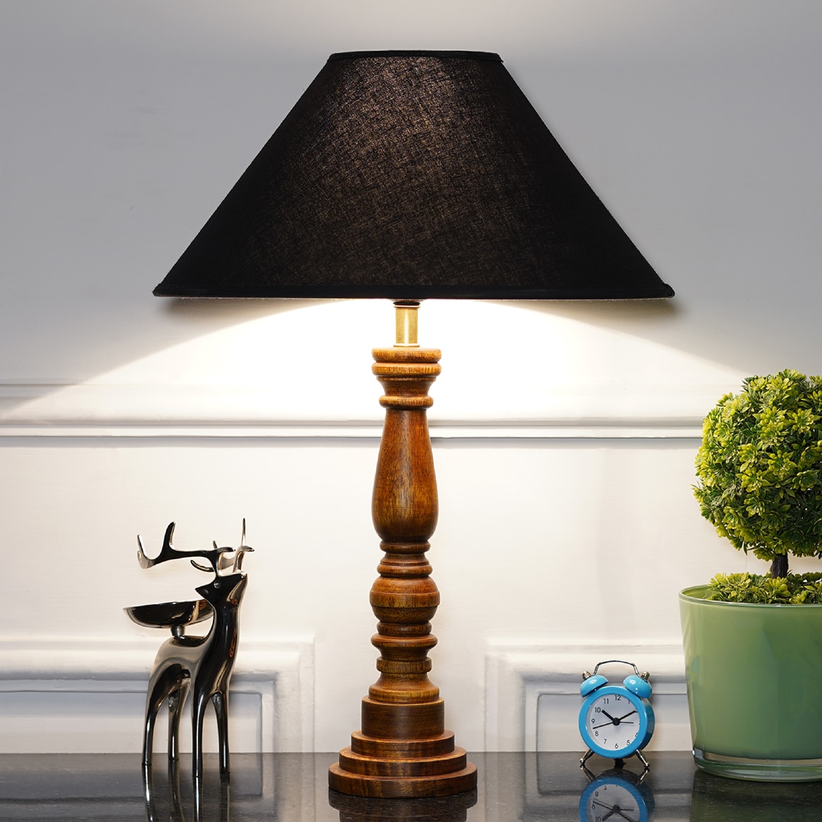 Hatton hand crafted Solid wood honey finish table lamp With Black Cotton Shade - Kapoor Lamp Shades
