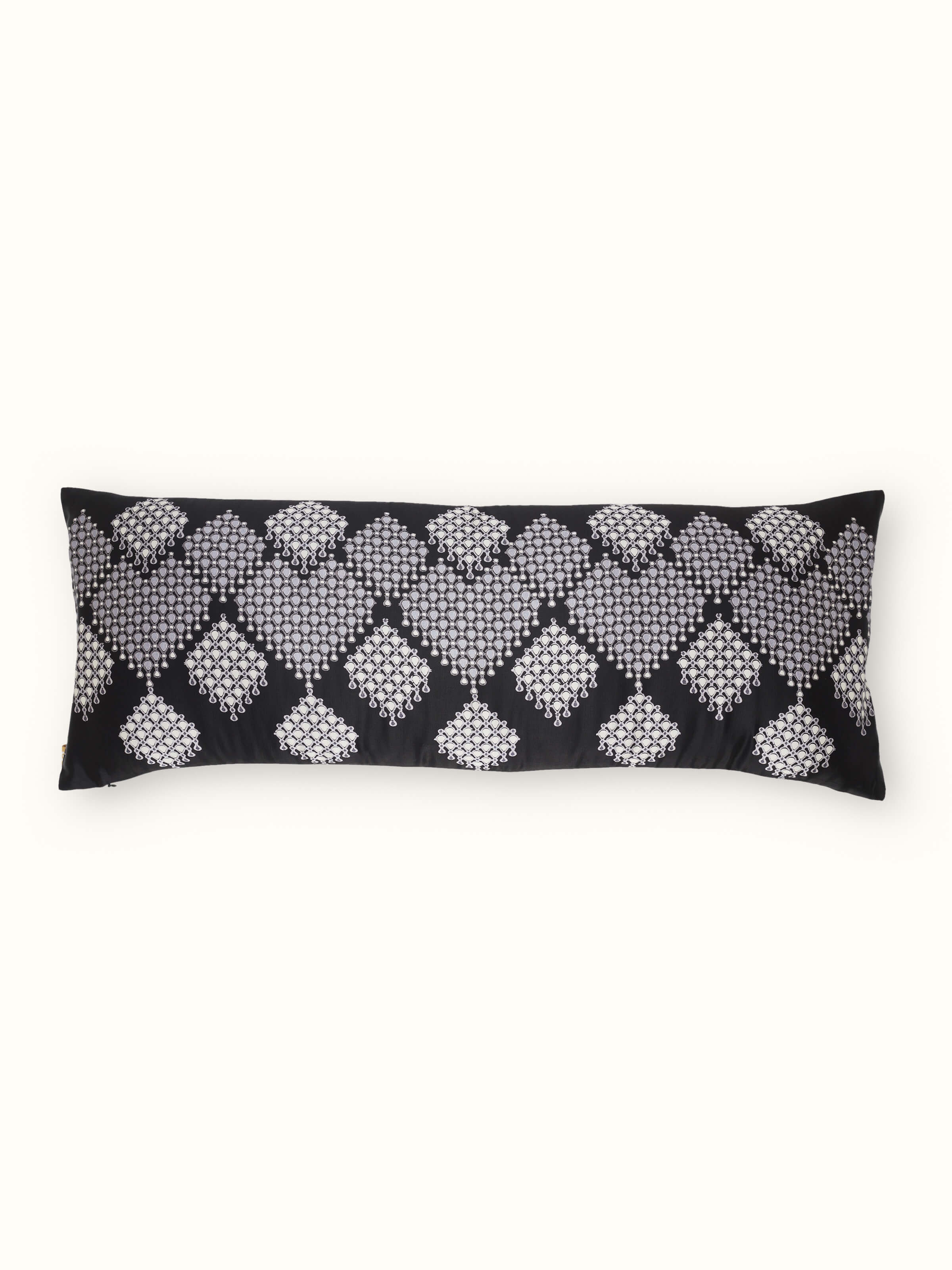 Front view: Front view of Rambagh black geometric viscose cotton cushion cover with Sanganeri block print