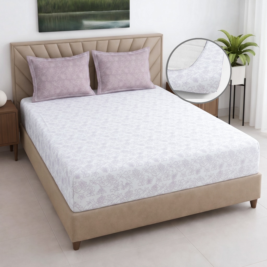 White And Lavender Shade Floral Cotton 400 Tc Fitted Double Queen Size Bedsheet With 2 Pillow Covers - Threads