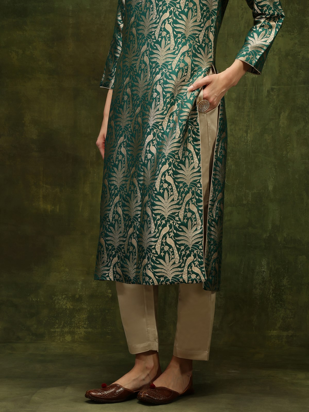 Beige Banarasi Cigarette Pants